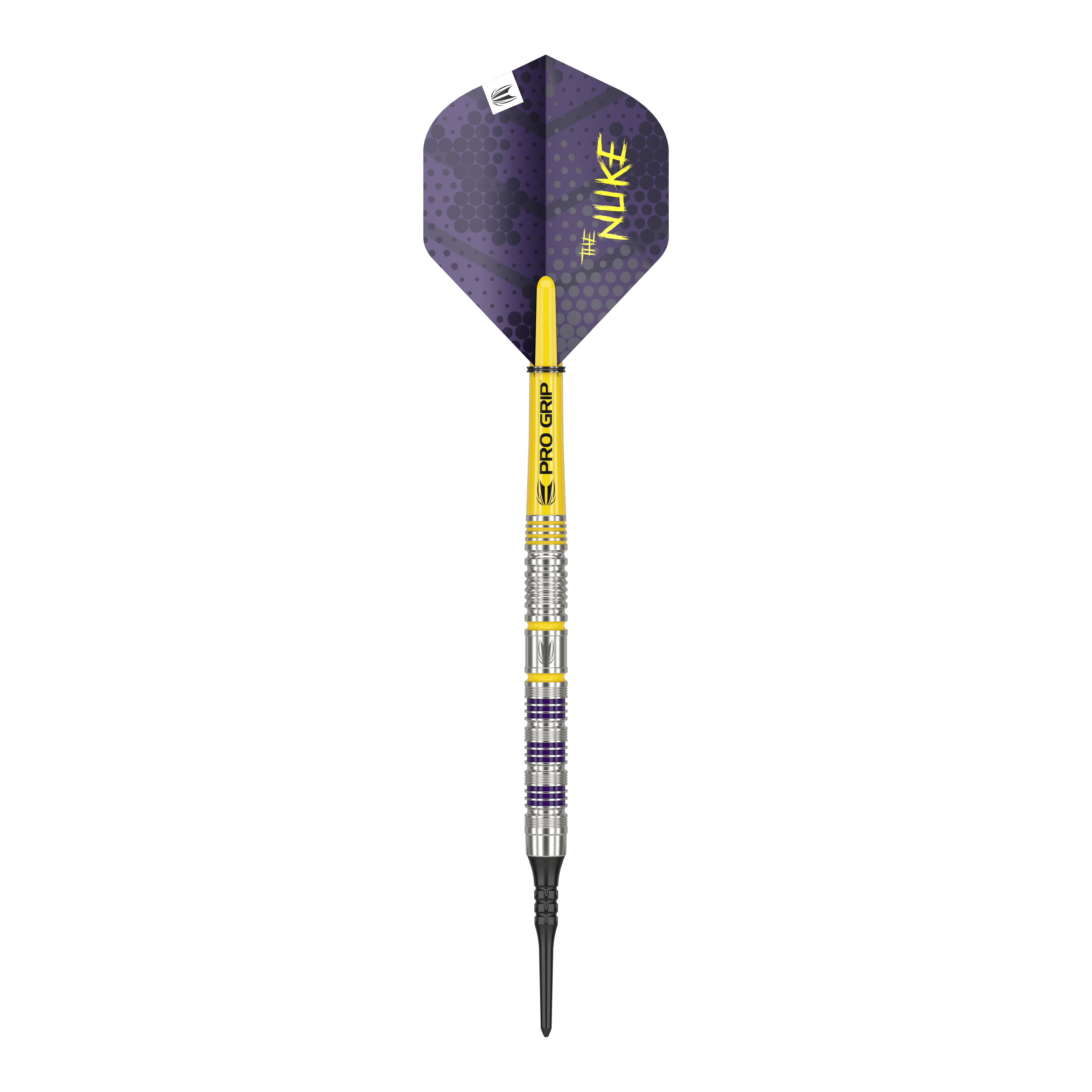 Target Luke Littler Loadout Softdarts - 19g Das Bild zeigt einen Target Luke Littler Loadout Softdart mit einem Gewicht von 19 Gramm. Der Dart hat ein gelb-lila Design und trägt auf den Flights die Aufschrift "The Nuke".