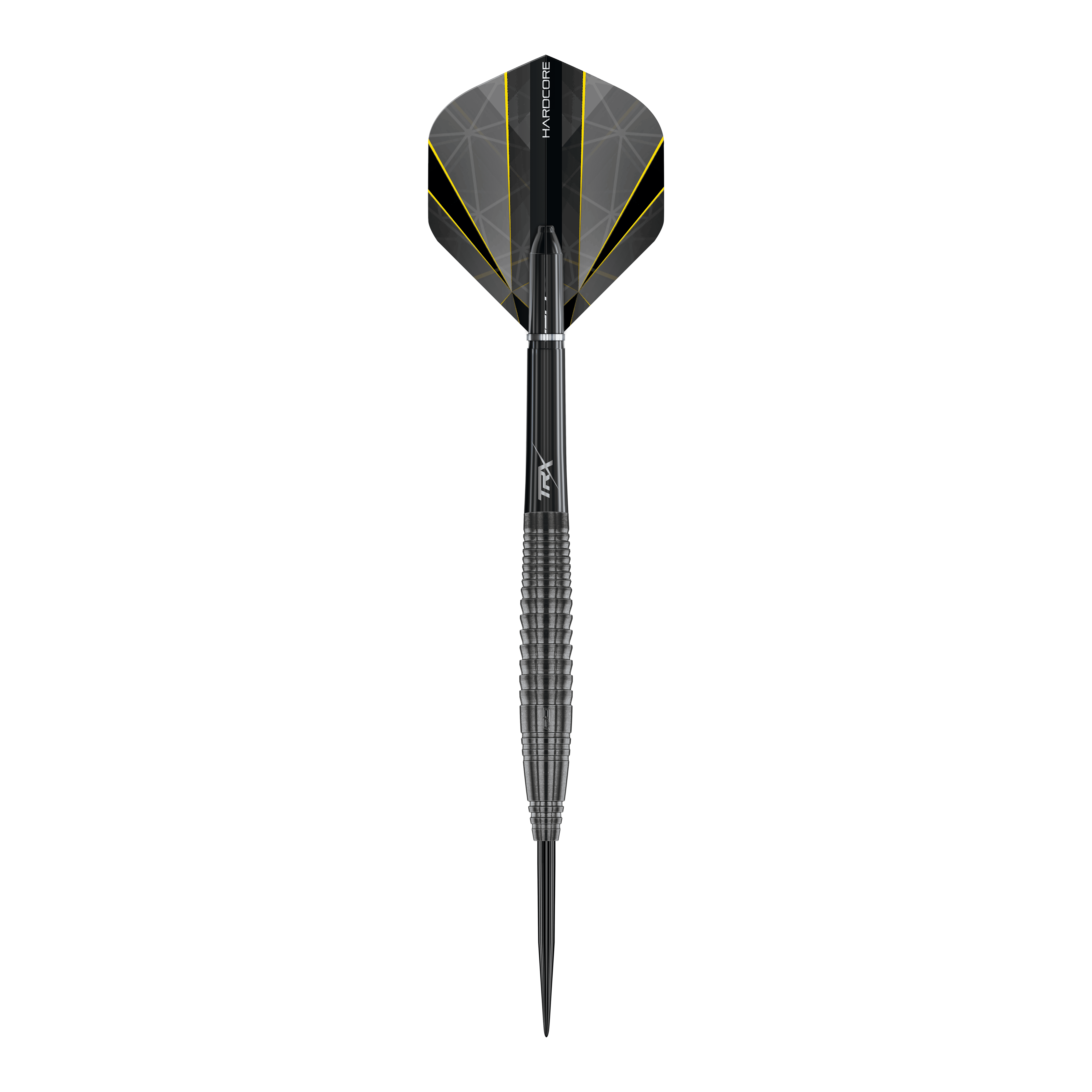 Ocelové šipky Red Dragon Seren 4 Onyx Dieses Bild zeigt den "Red Dragon Seren 4 Onyx Steeldart". Der Dartpfeil ist schwarz mit gelben Akzenten und hat ein modernes, geriffeltes Design.
