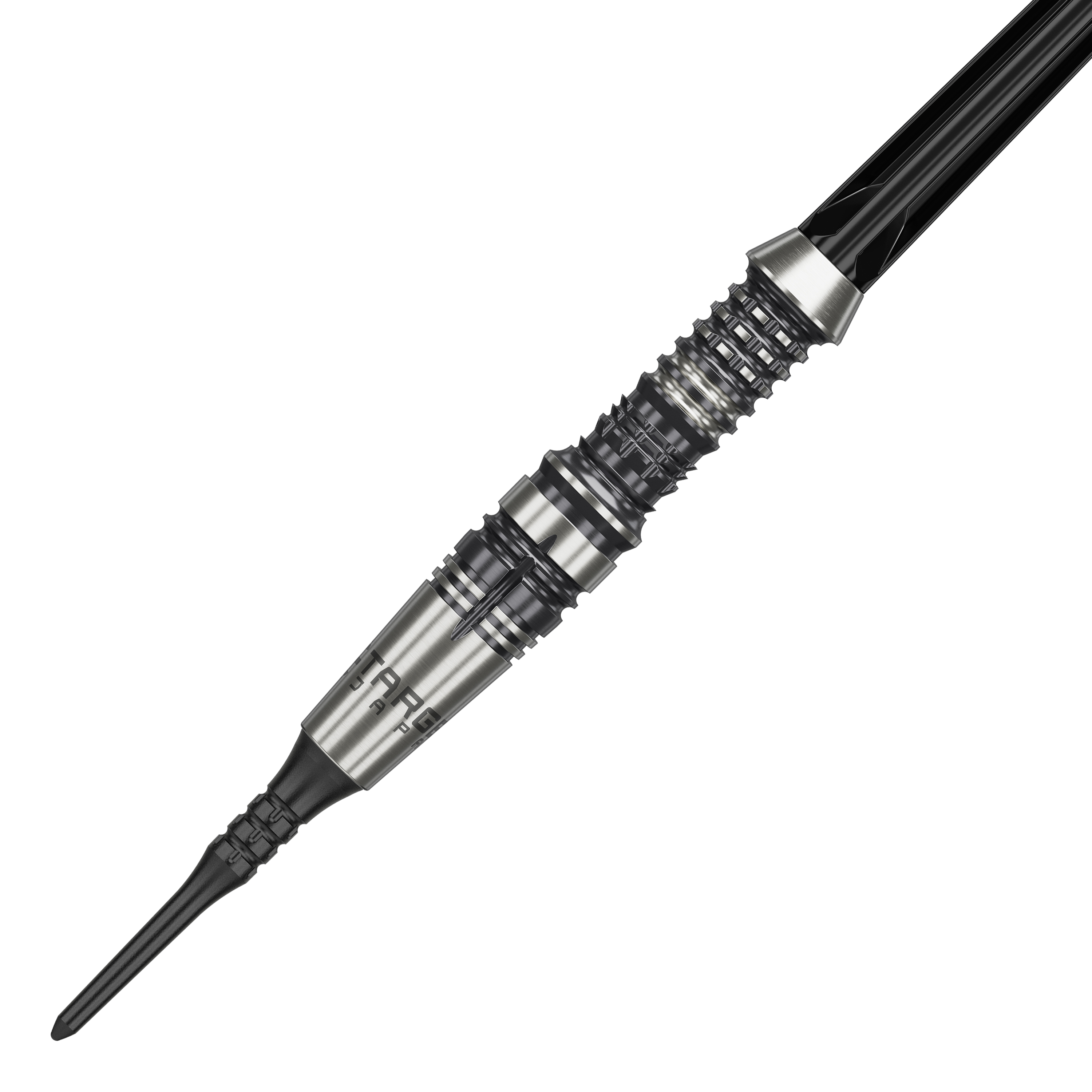 Měkké šipky Target Japan Black Marque Heracles - 18g Das Bild zeigt einen Target Japan Black Marque Heracles Softdart mit einem Gewicht von 18g. Der Dartpfeil hat ein silbernes, fein geriffeltes Barrel und eine schwarze Spitze.