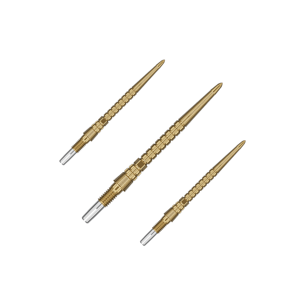 Pointes de fléchettes Target Chrono Swiss Storm Point - Or Das Set enthält mehrere goldene Dartspitzen. Sie sind gleichmäßig aufgefächert.