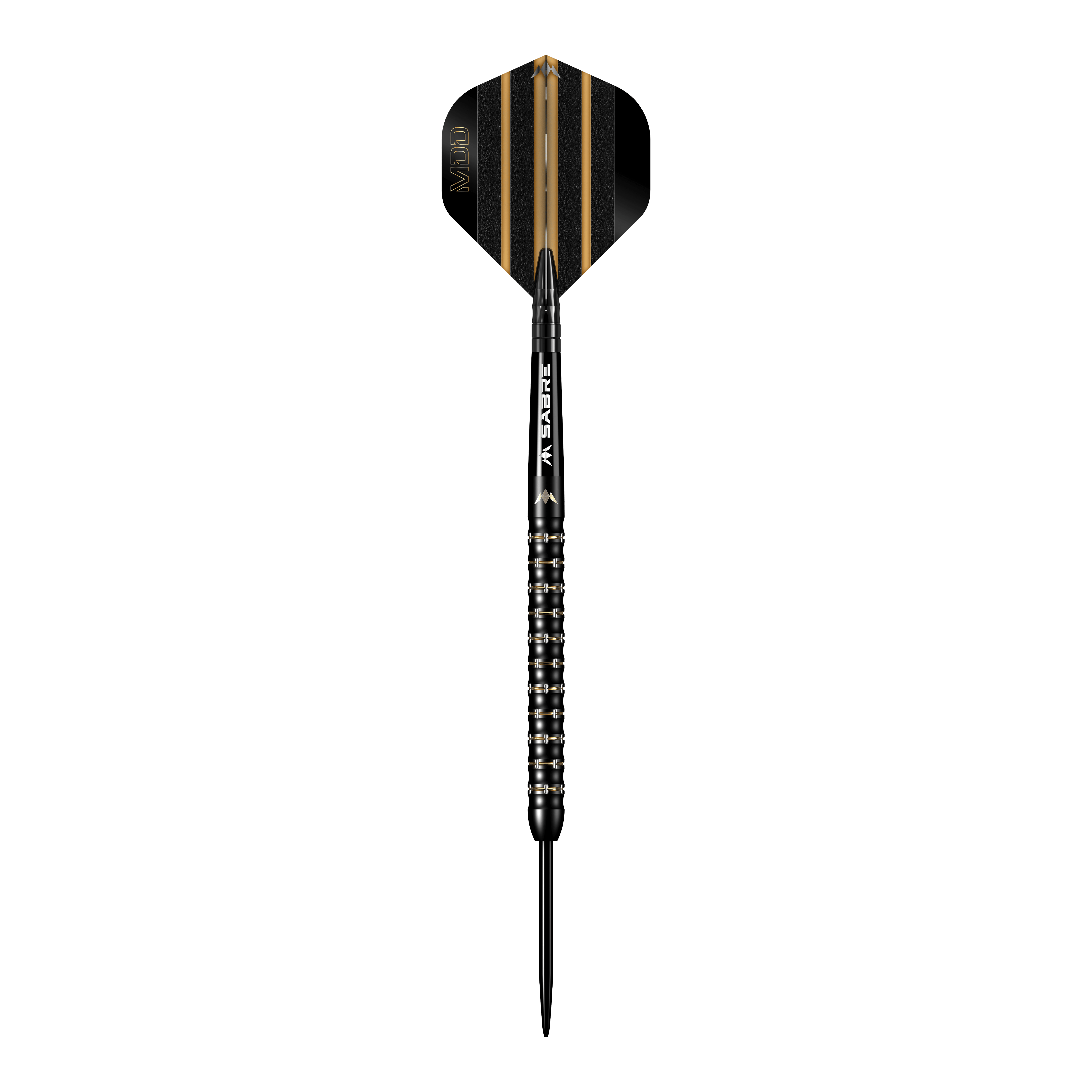 Mission Mike De Decker MDD Black Gold Steeldarts Das Bild zeigt einen schwarzen Steeldart mit goldenen Akzenten aus der Serie "Mission Mike De Decker MDD Black Gold". Der Dart hat ein modernes Design mit fein geriffeltem Griff und einer schwarz-goldenen Flight.