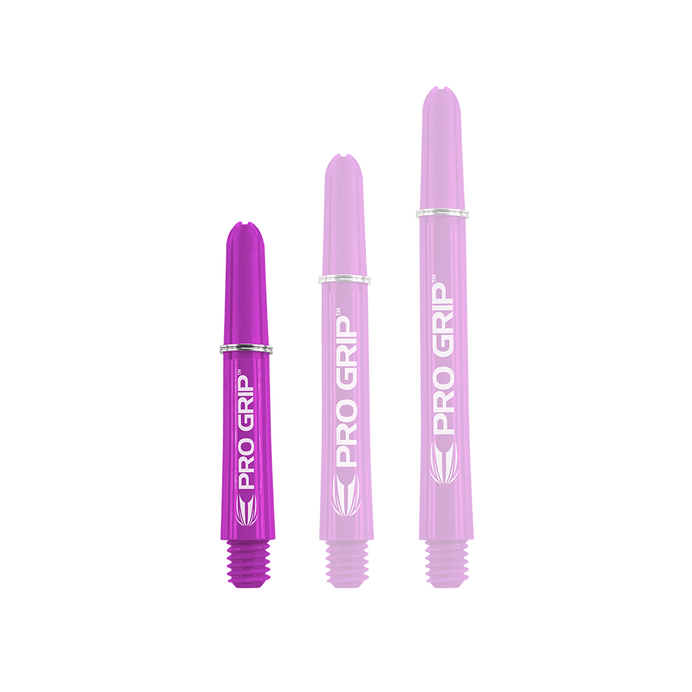 Tiges Target Pro Grip - 3 jeux - Violet Das Bild zeigt drei lilafarbene Dartschäfte mit der Aufschrift "PRO GRIP". Sie stehen nebeneinander und sind unterschiedlich lang.