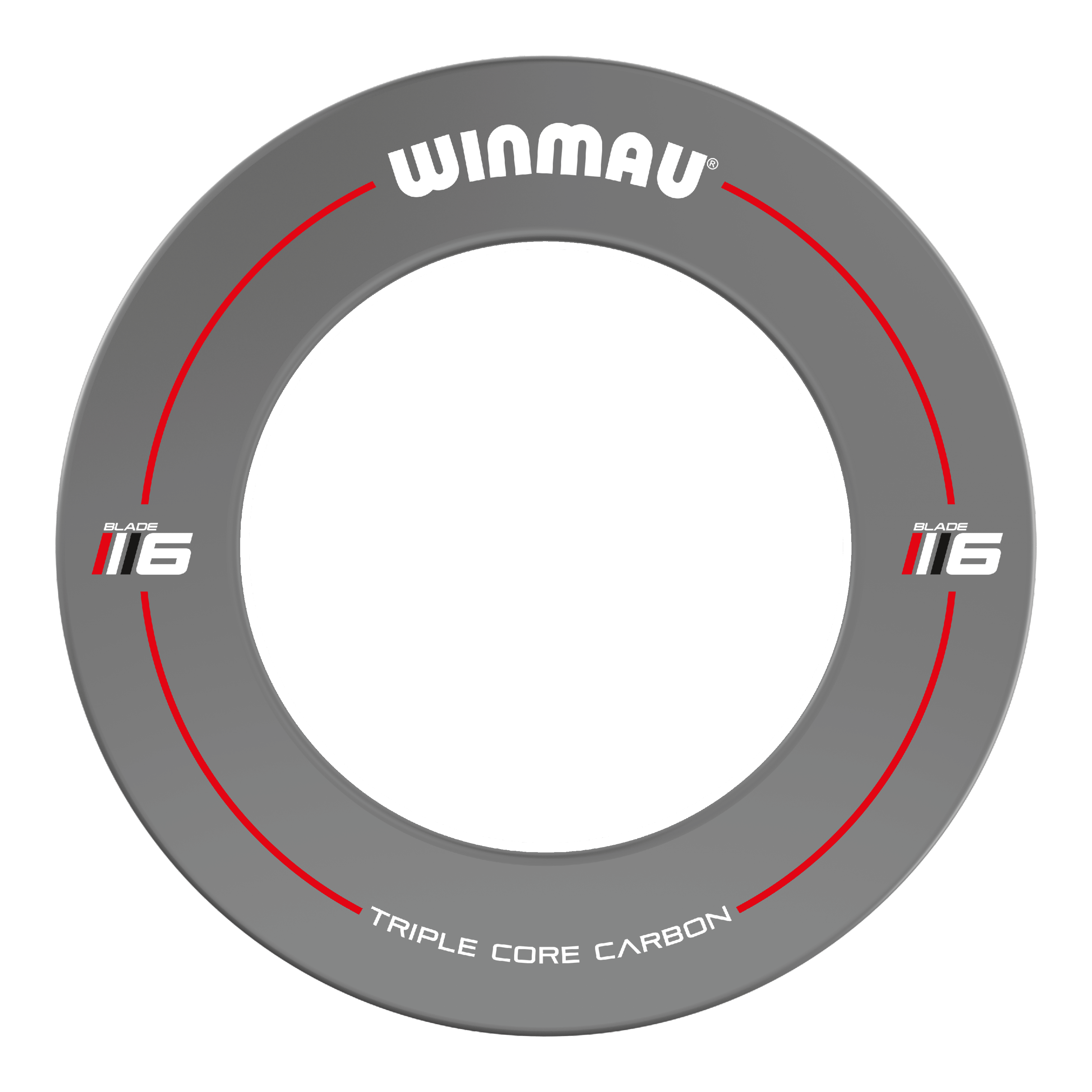 Winmau Blade 6 Design Dartboard Surround - Grau Das Bild zeigt einen grauen Dartboard-Surround der Marke Winmau mit der Aufschrift "Blade 6". Auf dem Surround stehen außerdem die Worte "Triple Core Carbon" und rote Linien sind als Designelemente eingearbeitet.
