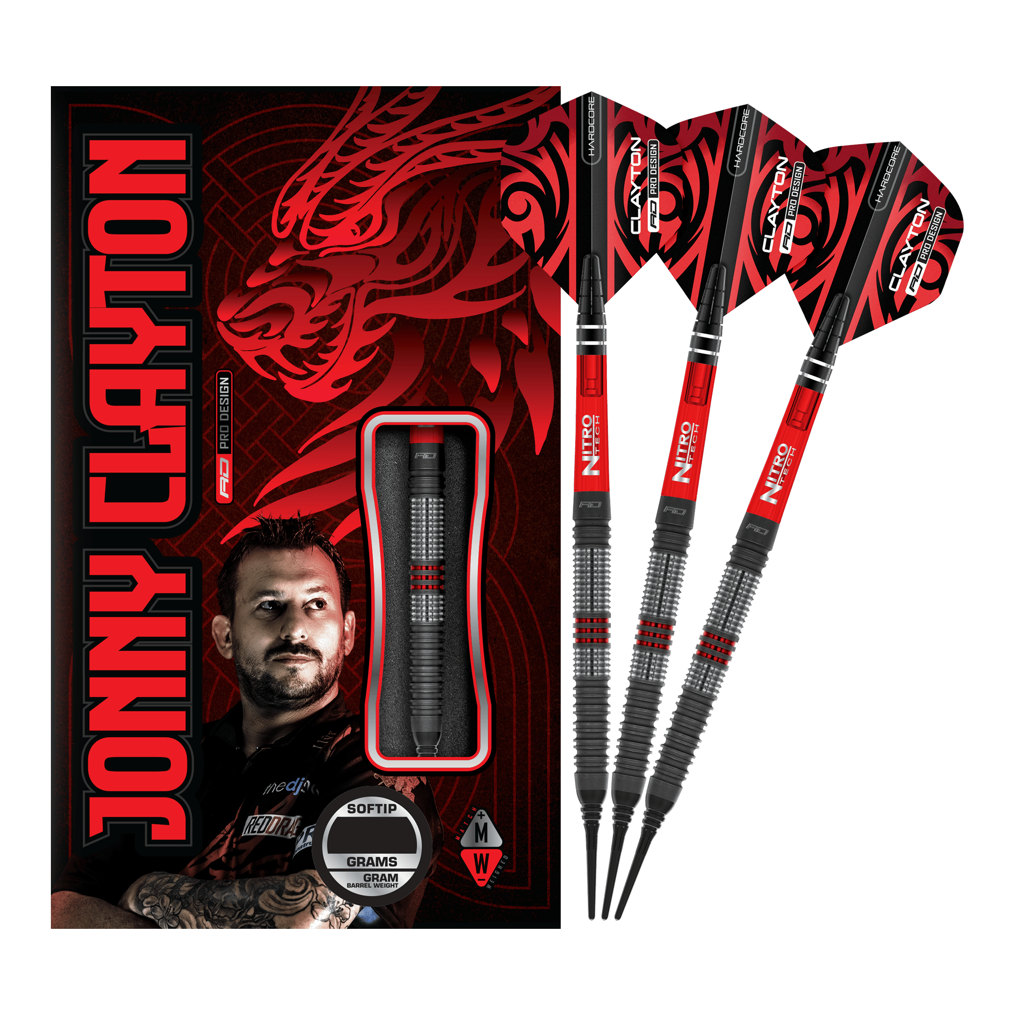 Dardos blandos Red Dragon Jonny Clayton Hiraeth - 20 g Das Bild zeigt das Produkt „Red Dragon Jonny Clayton Hiraeth Softdarts - 20g“ mit drei roten und schwarzen Softdarts neben der Verpackung. Auf der Verpackung ist ein Porträt von Jonny Clayton sowie ein roter Drachen zu sehen.