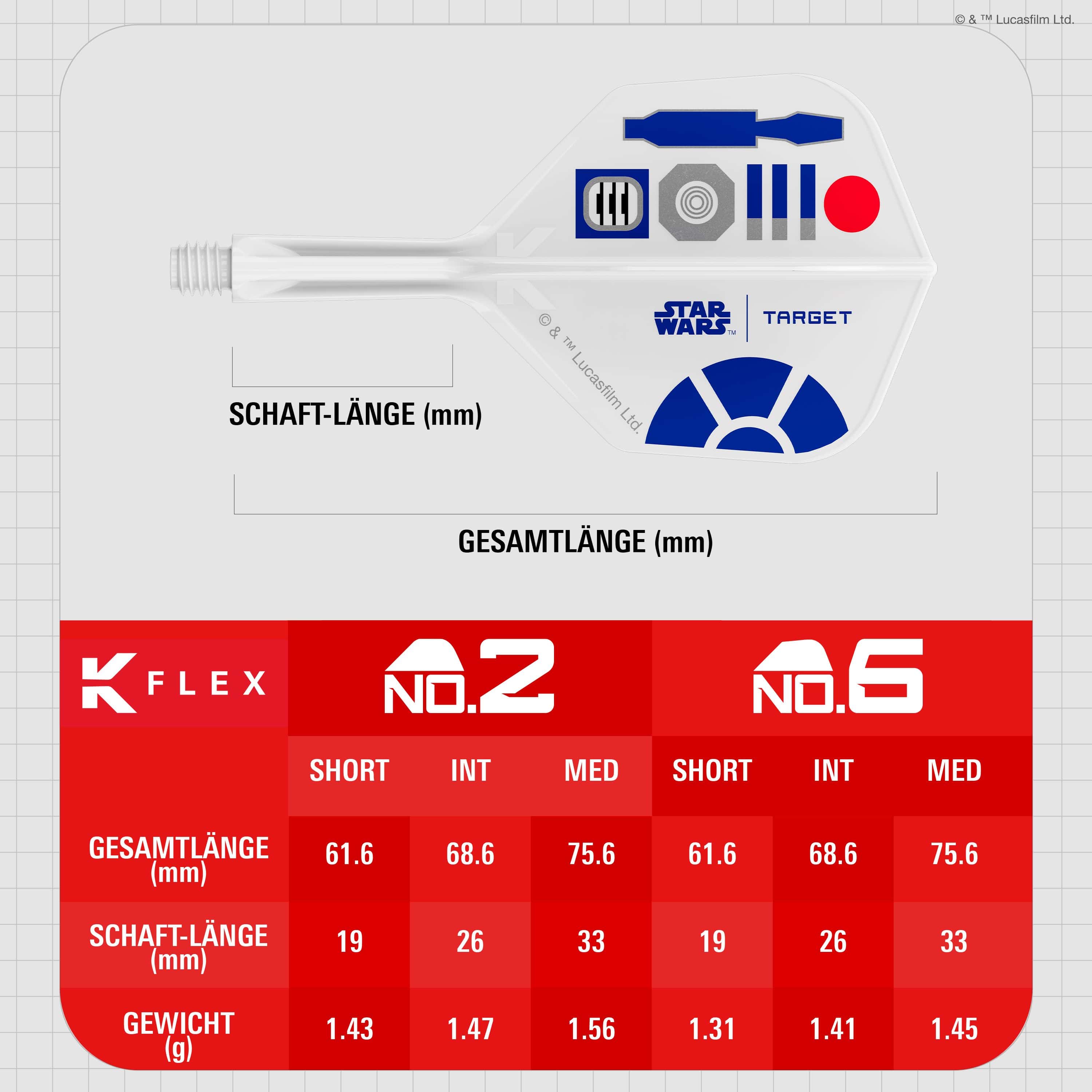 Voli Target Star Wars K-Flex R2D2 No6 Zu sehen sind die Target Star Wars K-Flex R2D2 No6 Flights. Diese Flights haben ein Design, das an R2D2 erinnert und sind für Dartspieler geeignet.