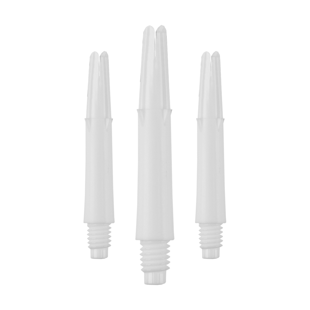 L-Style L-Shafts Locked Straight - White 190 Auf dem Bild sind drei weiße, gerade Dartschäfte ohne Kappen zu sehen. Sie sind nebeneinander in aufrechter Position angeordnet.