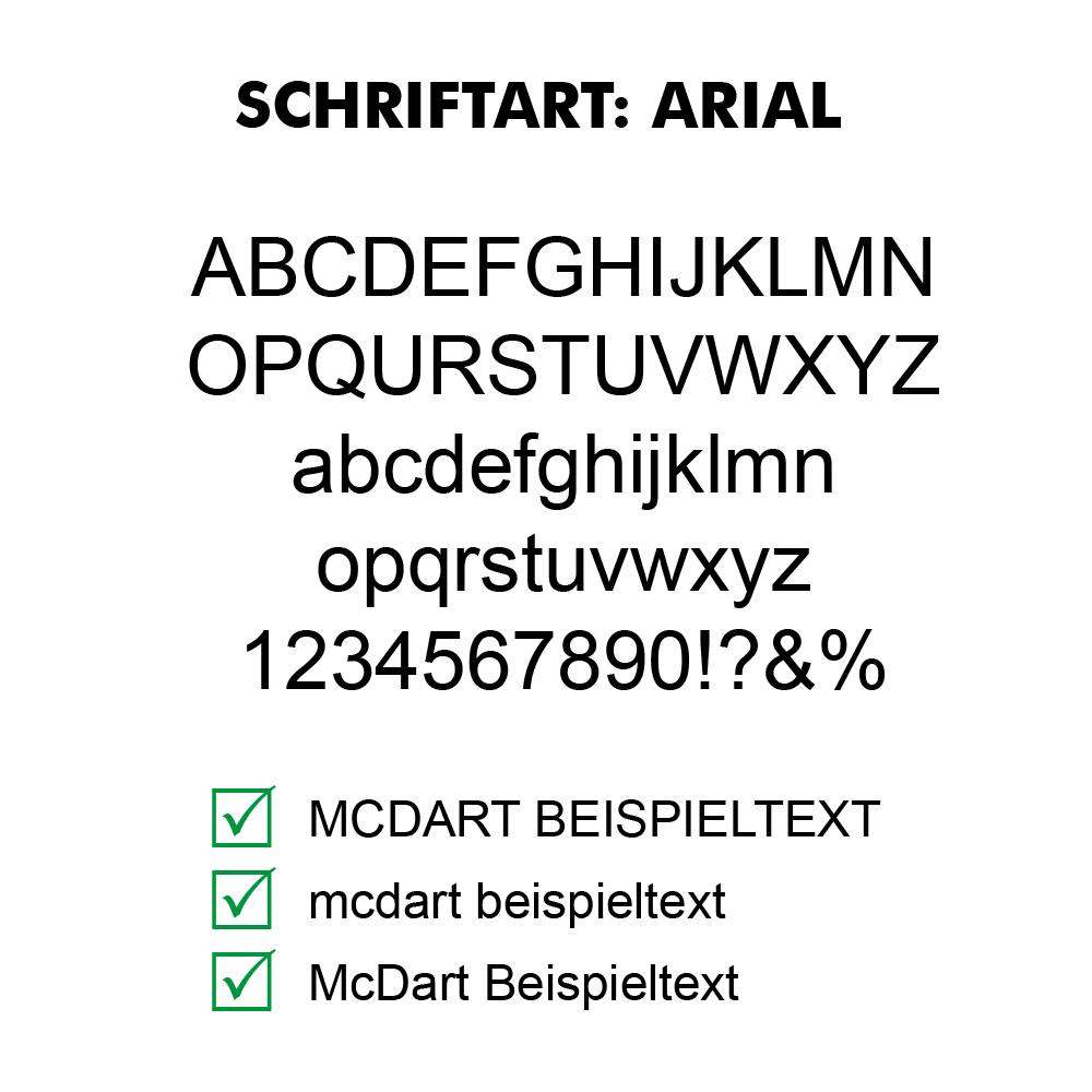 Flightdruck_Schriftart_Arial Schriftmuster eines Dart-Flights im Arial-Stil. Schwarzer Text auf weißem Flight sichtbar.