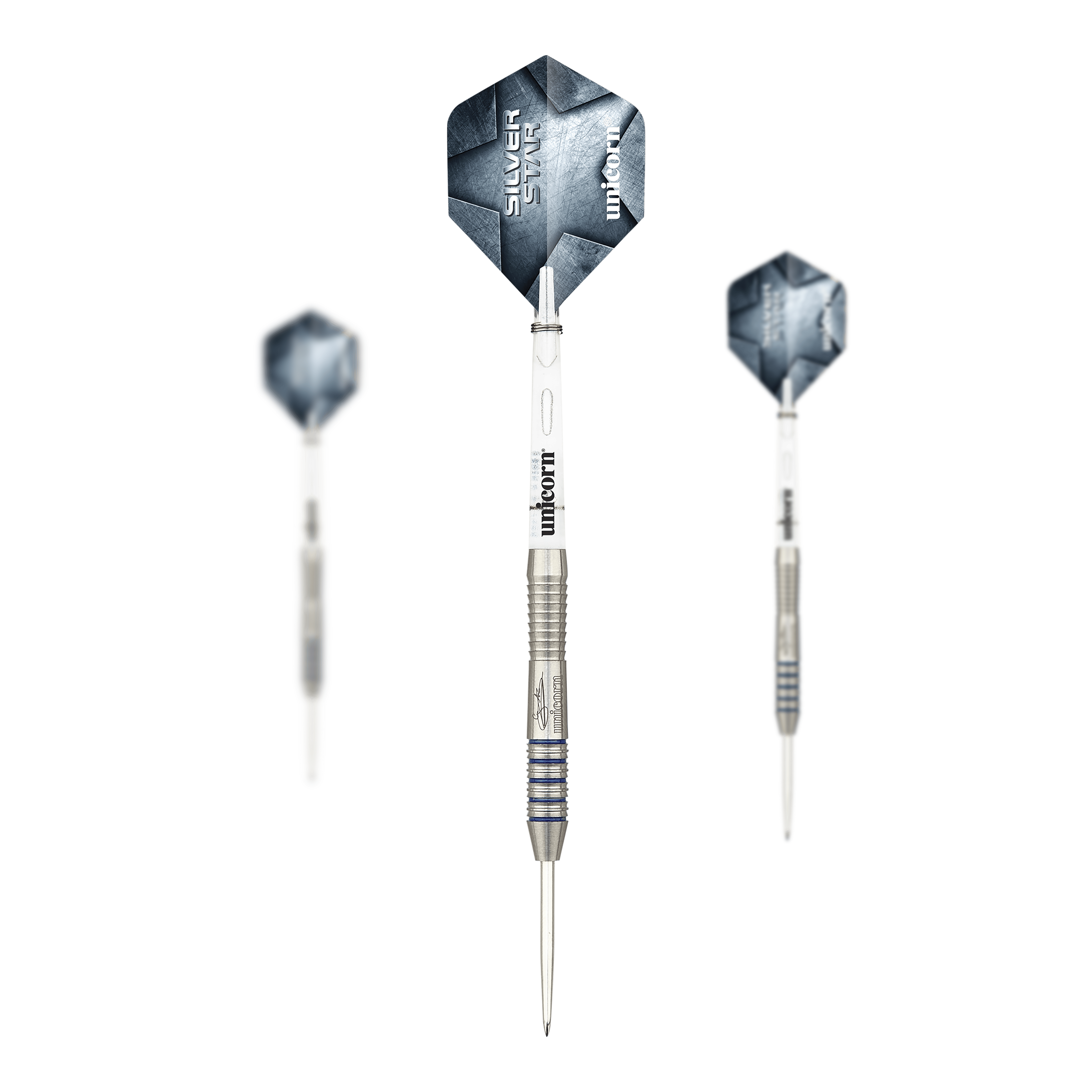 Unicorn Silver Star Var.3 Gary Anderson Steeldarts Zu sehen ist ein Set der Unicorn Silver Star Var.3 Gary Anderson Steeldarts. Die Darts liegen komplett nebeneinander und sind gut sichtbar.