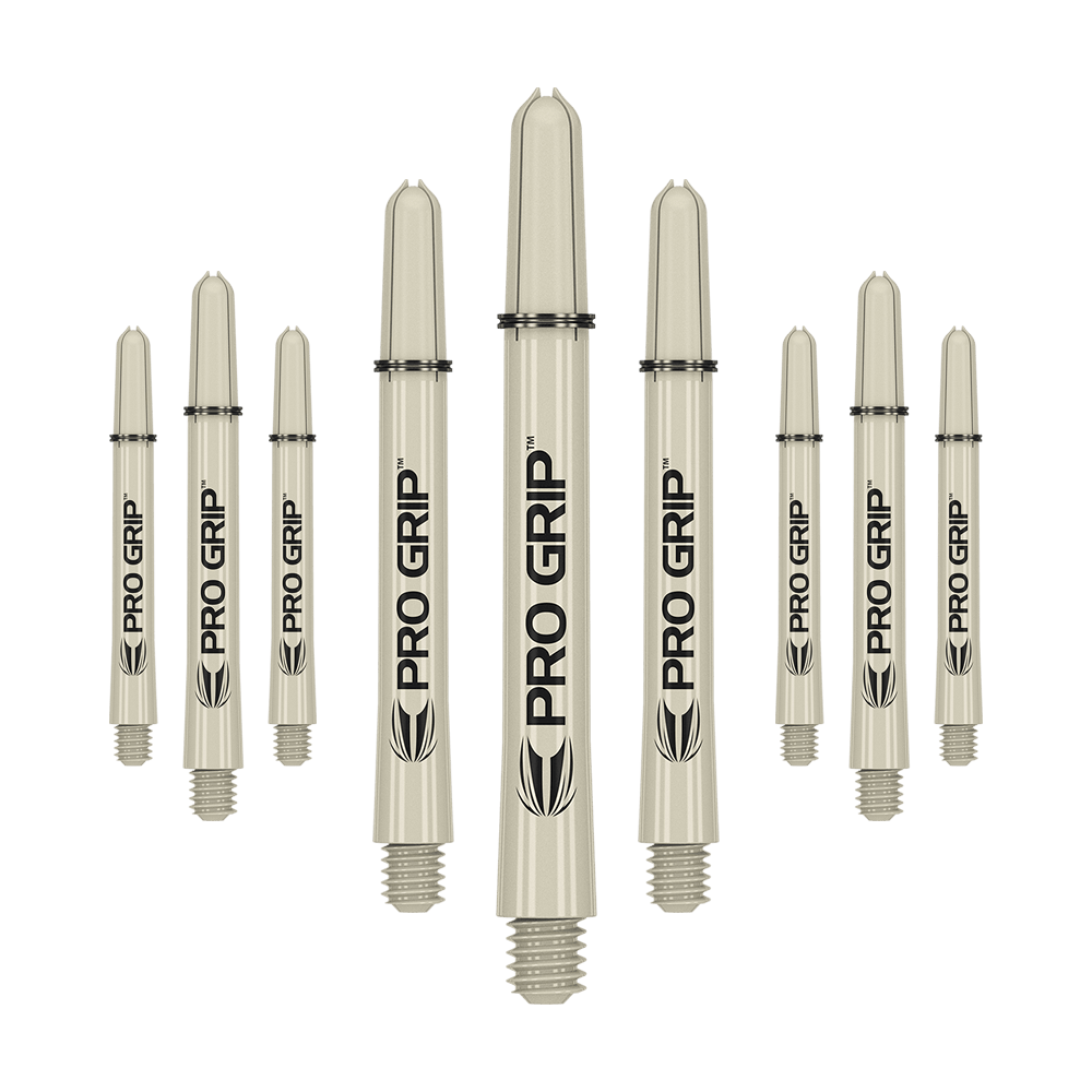 Target Pro Grip Shafts - 3 Sets - Sand Das Bild zeigt neun beige Dartschäfte mit der Aufschrift "PRO GRIP". Sie sind in drei Reihen angeordnet und haben am Ende ein Schraubgewinde.