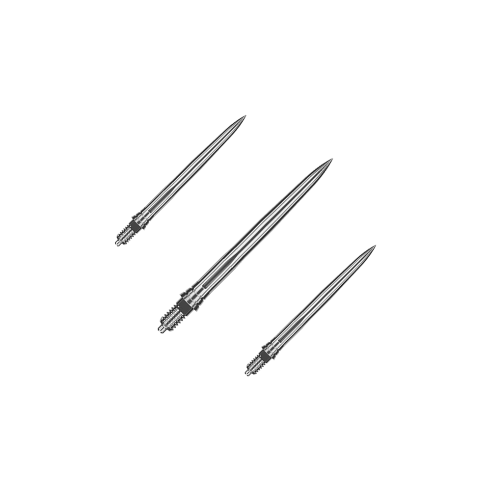 Puntas de dardo Caliburn EZ-EVO - Lisas - Plateadas Das Bild zeigt ein Set aus glatten silbernen Dartspitzen. Die Spitzen sind ordentlich nebeneinander angeordnet.