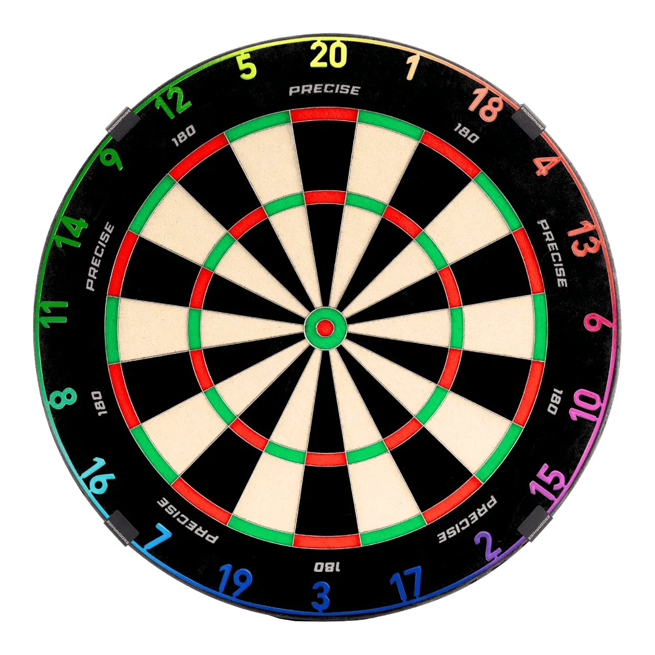 Precise 180 Endorphine Steeldartboard mit Nummernring - Spectrum Zu sehen ist das Precise 180 Endorphine Steeldartboard mit Nummernring – Spectrum. Das Dartboard ist frontal abgebildet.