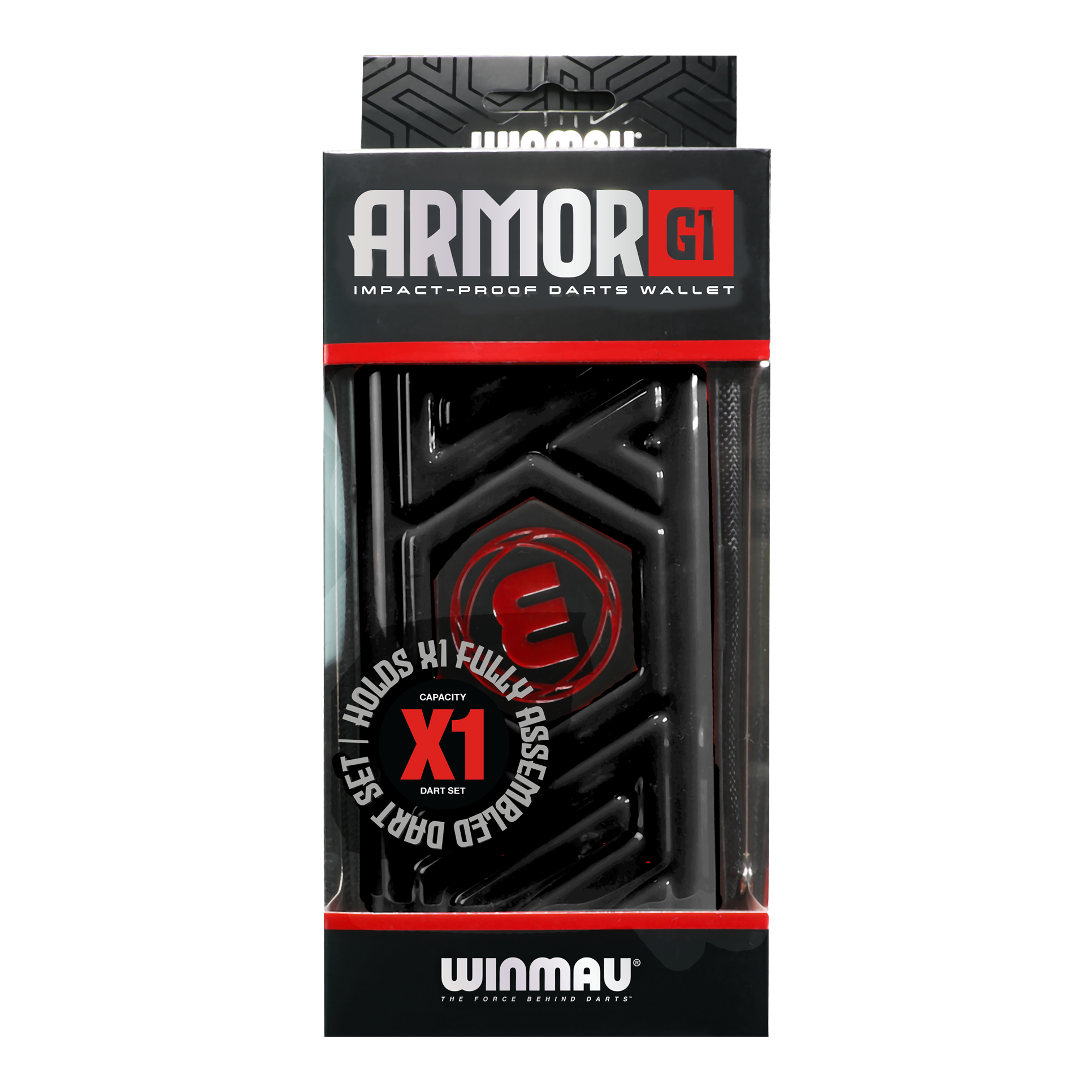 Peněženka Winmau Armor G1 Dart Das Bild zeigt eine schwarze Darttasche von Winmau mit dem Namen "Armor G1". Die Verpackung betont, dass sie stoßfest ist und ein vollständig montiertes Dart-Set aufnehmen kann.