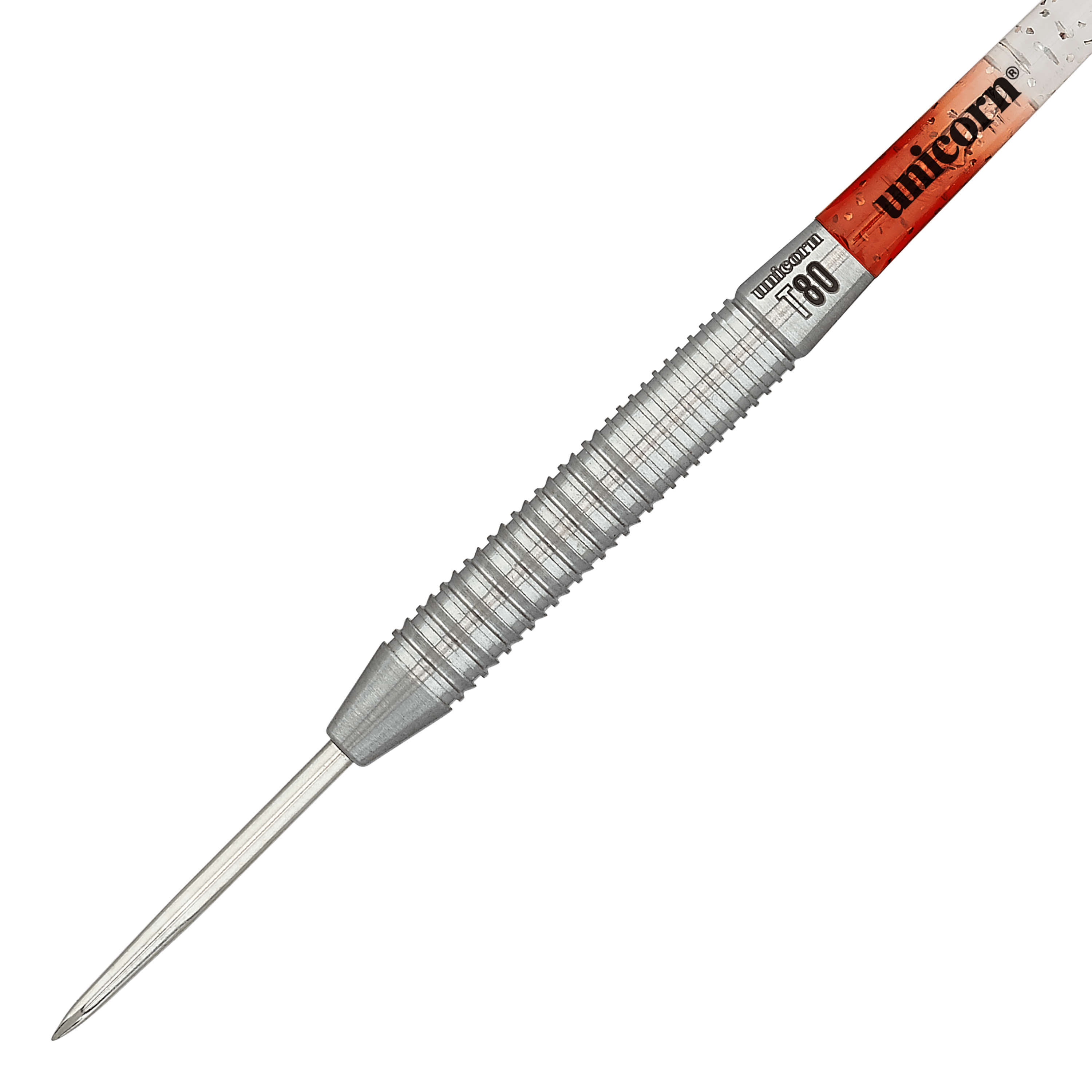 Dardos de acero Unicorn Core XL Striker Style 1 - 22 g Das Bild zeigt einen silberfarbenen Steeldart mit gerilltem Griff. Auf dem Schaft steht "Unicorn" und das Modell ist "Core XL Striker Style 1" mit 22g Gewicht.