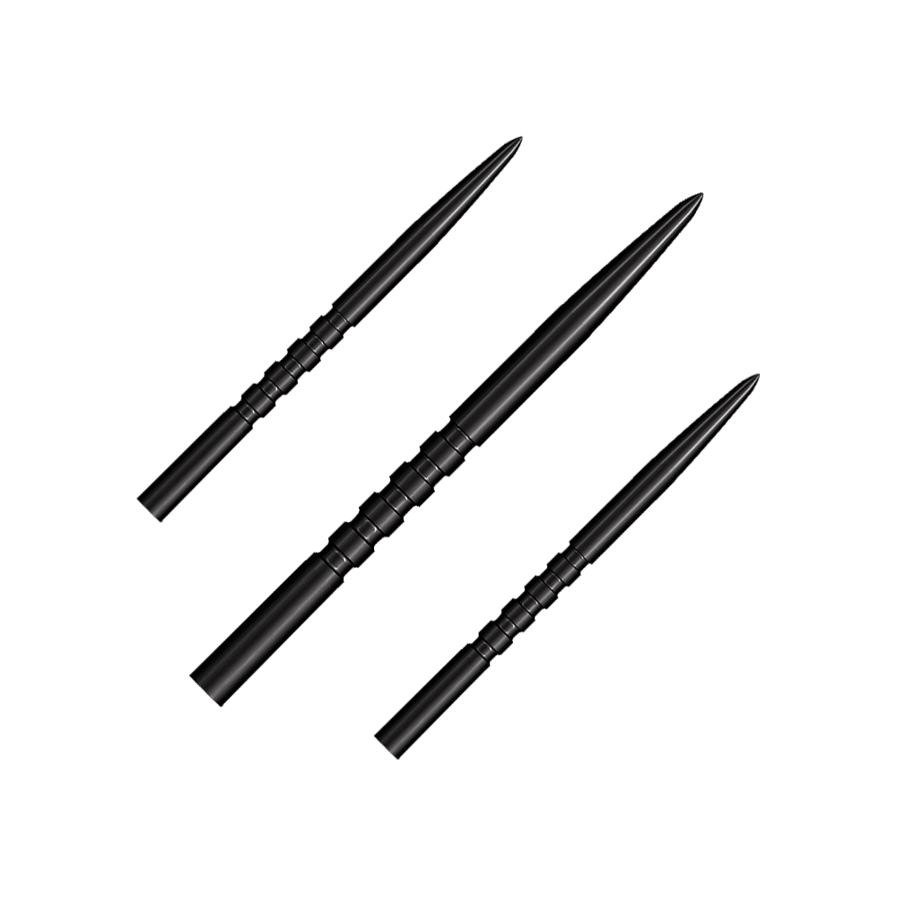 Auf dem Bild sind drei schwarze Steeldartspitzen zu sehen. Sie haben eine geriffelte Griffzone und eine spitze Form.