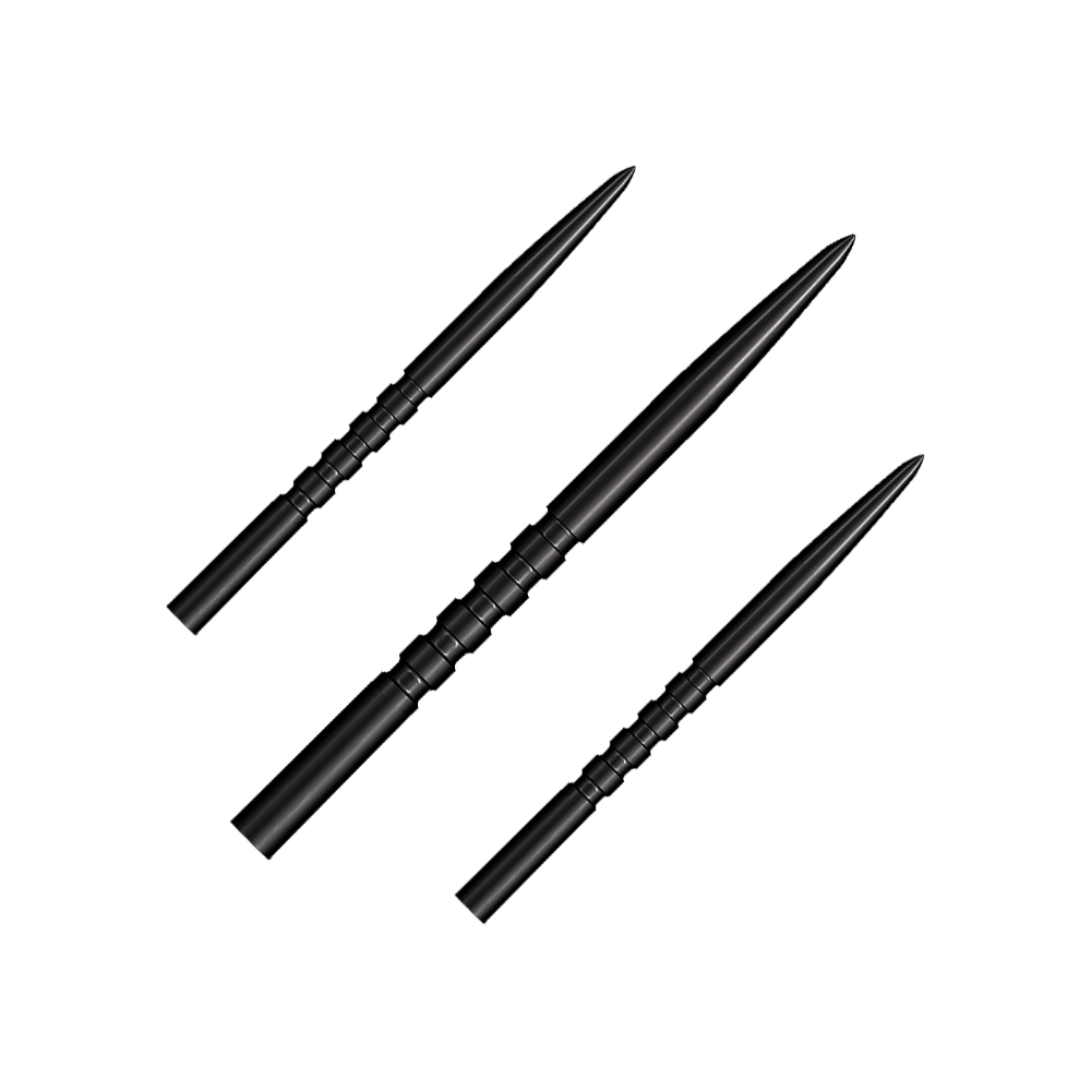 Pointes de fléchettes en acier Shot Grip Point - Noires Auf dem Bild sind drei schwarze Steeldartspitzen zu sehen. Sie haben eine geriffelte Griffzone und eine spitze Form.