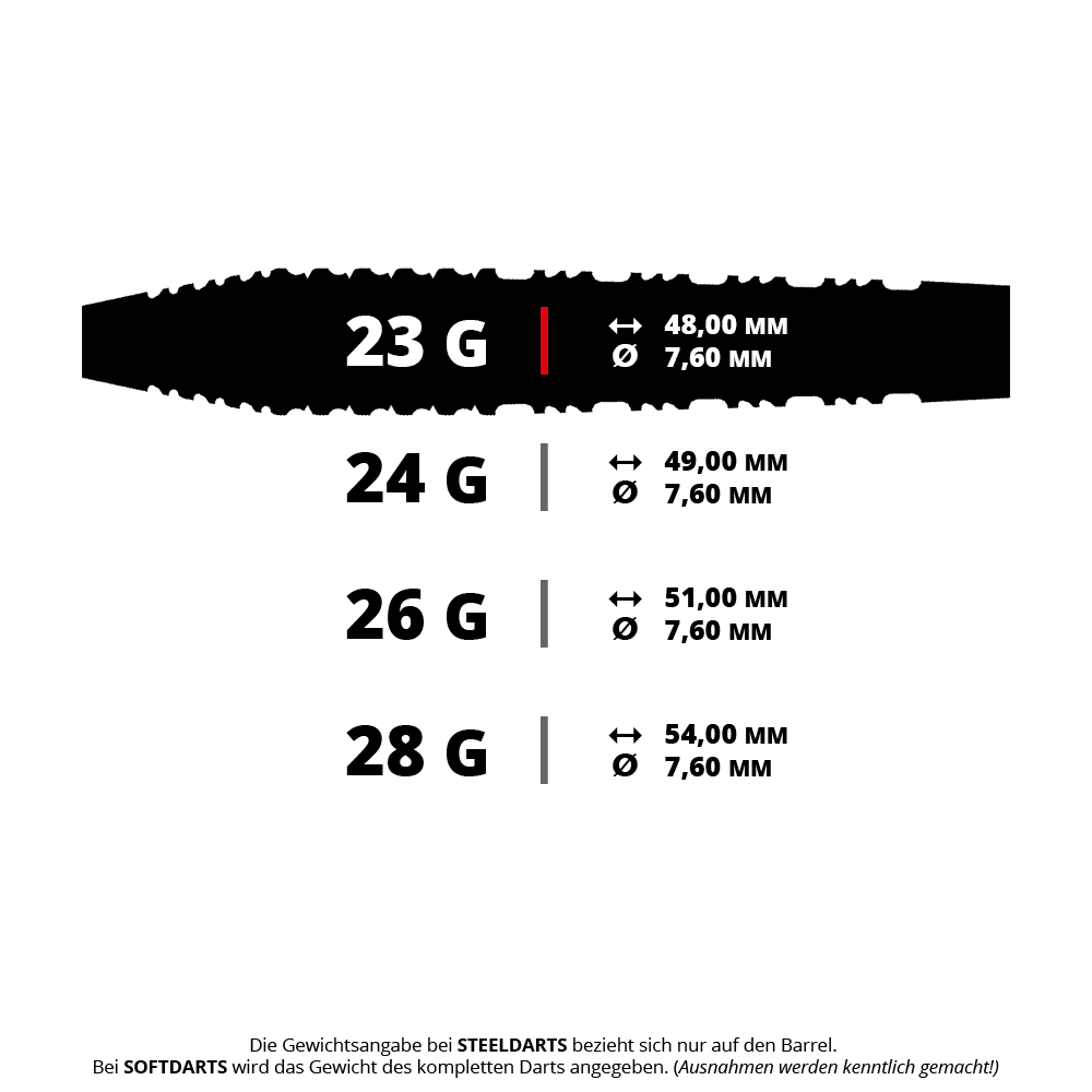 Dardos de acero Runstel de Shot Alchemy Dieses Bild zeigt einen Shot Alchemy Runstel Steeldart mit einem Gewicht von 23 Gramm. Es ist ein professioneller Dartpfeil für Steeldart-Spieler.