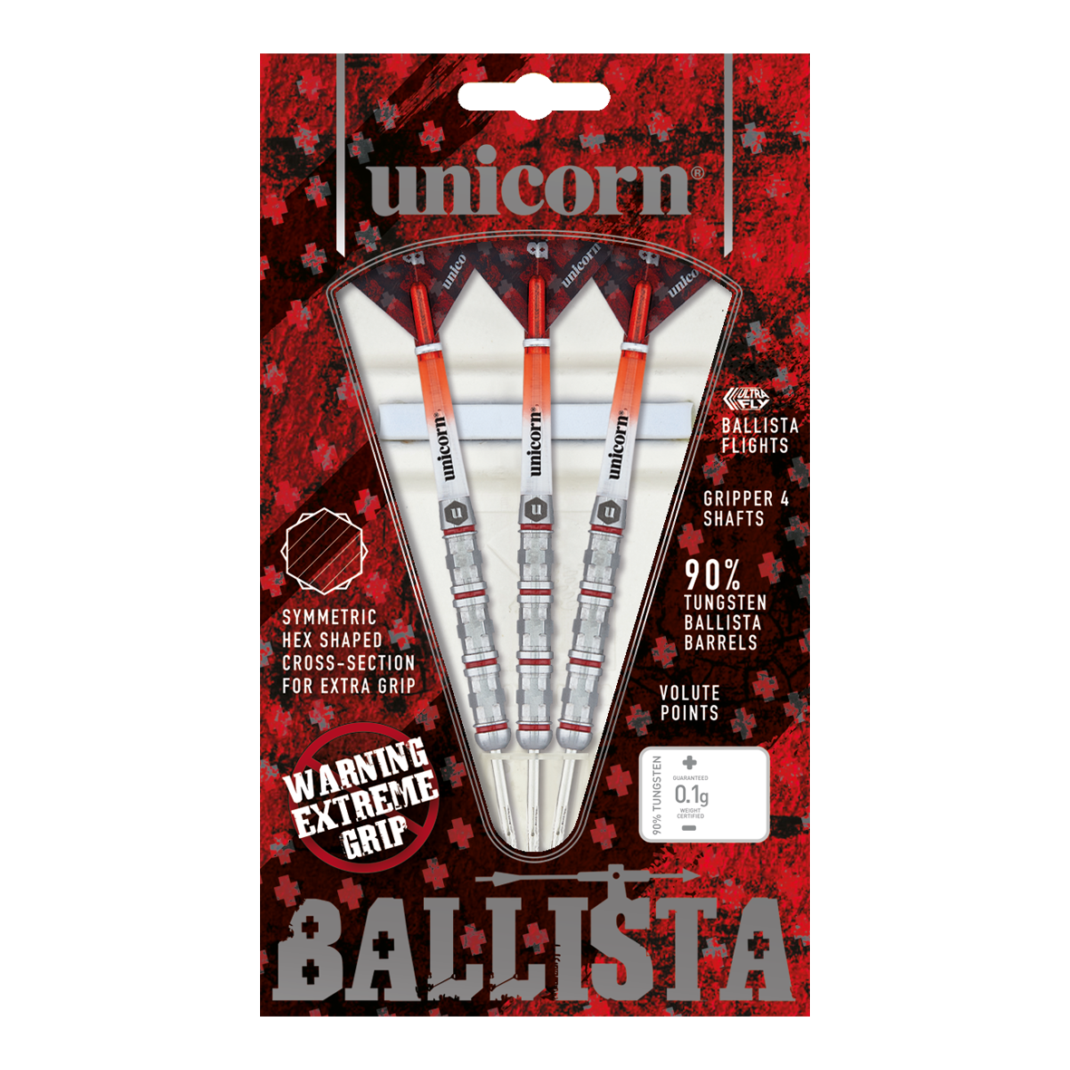 Dardos de acero estilo Ballista Unicorn 4 Auf dem Bild ist das Produkt "Unicorn Ballista Style 4 Steeldarts" zu sehen. Die Verpackung zeigt drei Steeldarts mit auffälligem Design und betont ihre hohe Griffigkeit und den 90%igen Wolframanteil.