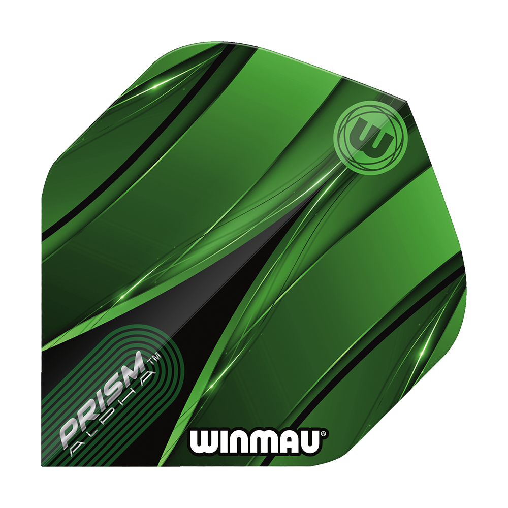 Letky Winmau Alpha Sniper Green Standard Das Bild zeigt ein Winmau Alpha Sniper Green Standard Flight für Darts. Das Flight ist überwiegend grün mit schwarzen und weißen Designelementen und trägt die Aufschriften "PRISM ALPHA" und "WINMAU".
