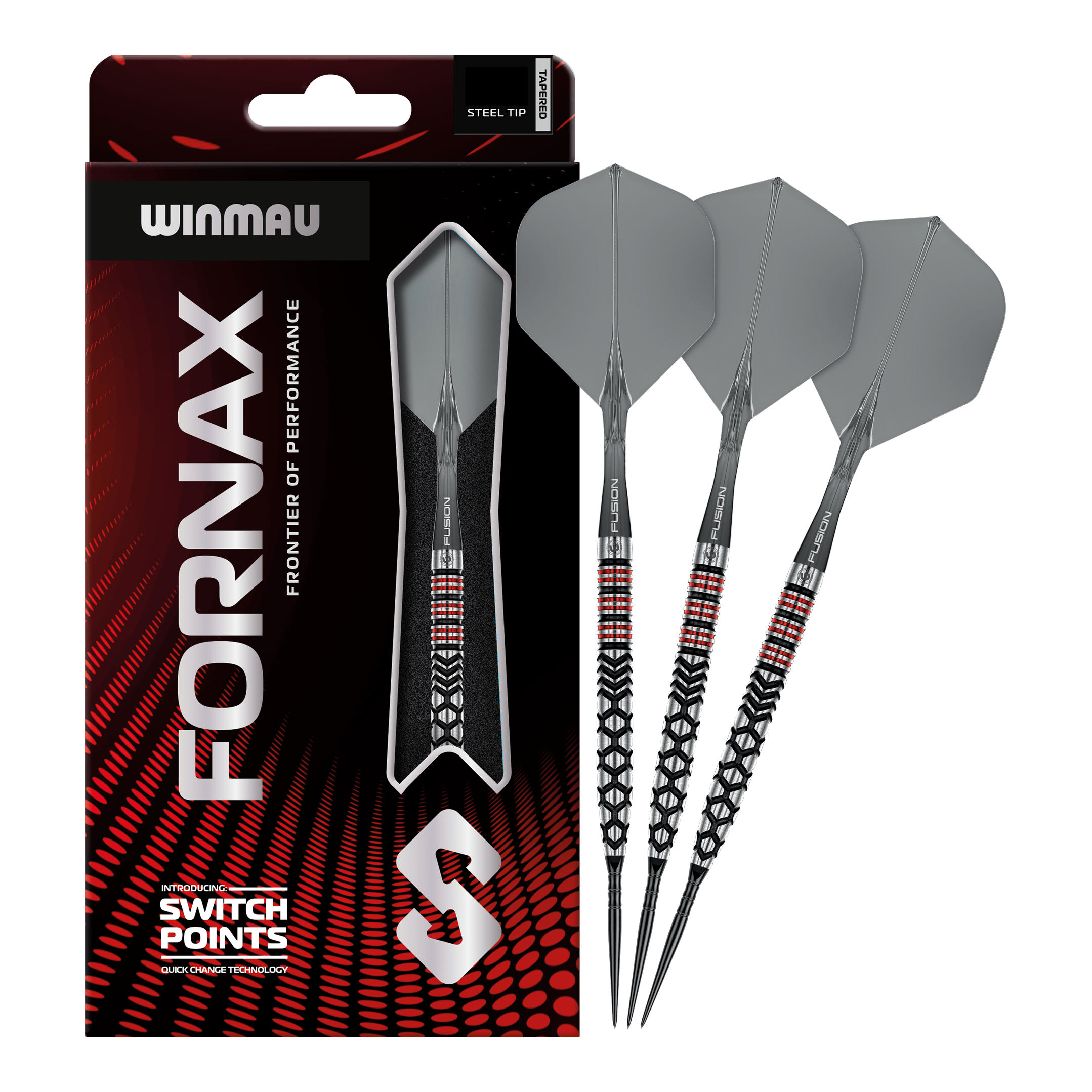 Das Bild stellt die Winmau Fornax Tapered Switch Point Steeldarts dar. Sie sind hochwertige Steeldarts für ambitionierte Spieler.