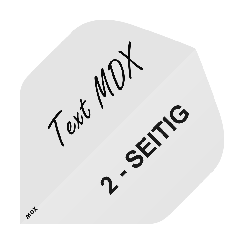 MD-401_2-Seitig_Bedruckte_Flights_Wunschtext_MDX_Weiss_Standard_1 Das Bild zeigt ein weißes, pfeilförmiges Dartflugblatt mit schwarzer Aufschrift. Darauf steht "Text MDX" und "2-SEITIG".