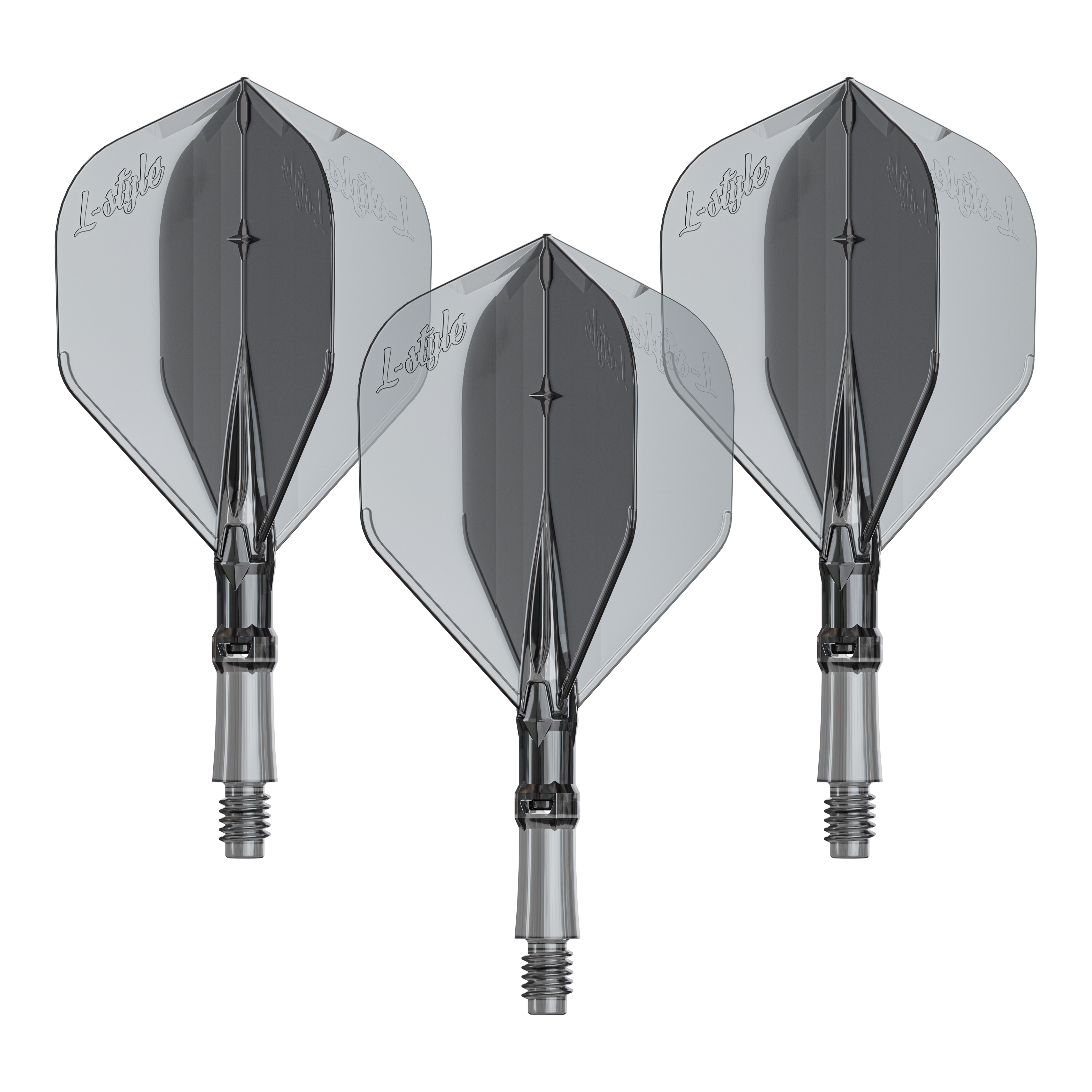 L-Style L-Sytem Flights - Clear Black-190 Das Bild zeigt ein Produkt mit dem Namen LS1062_LStyle_L-System_Flights_ClearBlack_Small_190_1Set. Es handelt sich um ein Dartzubehör.