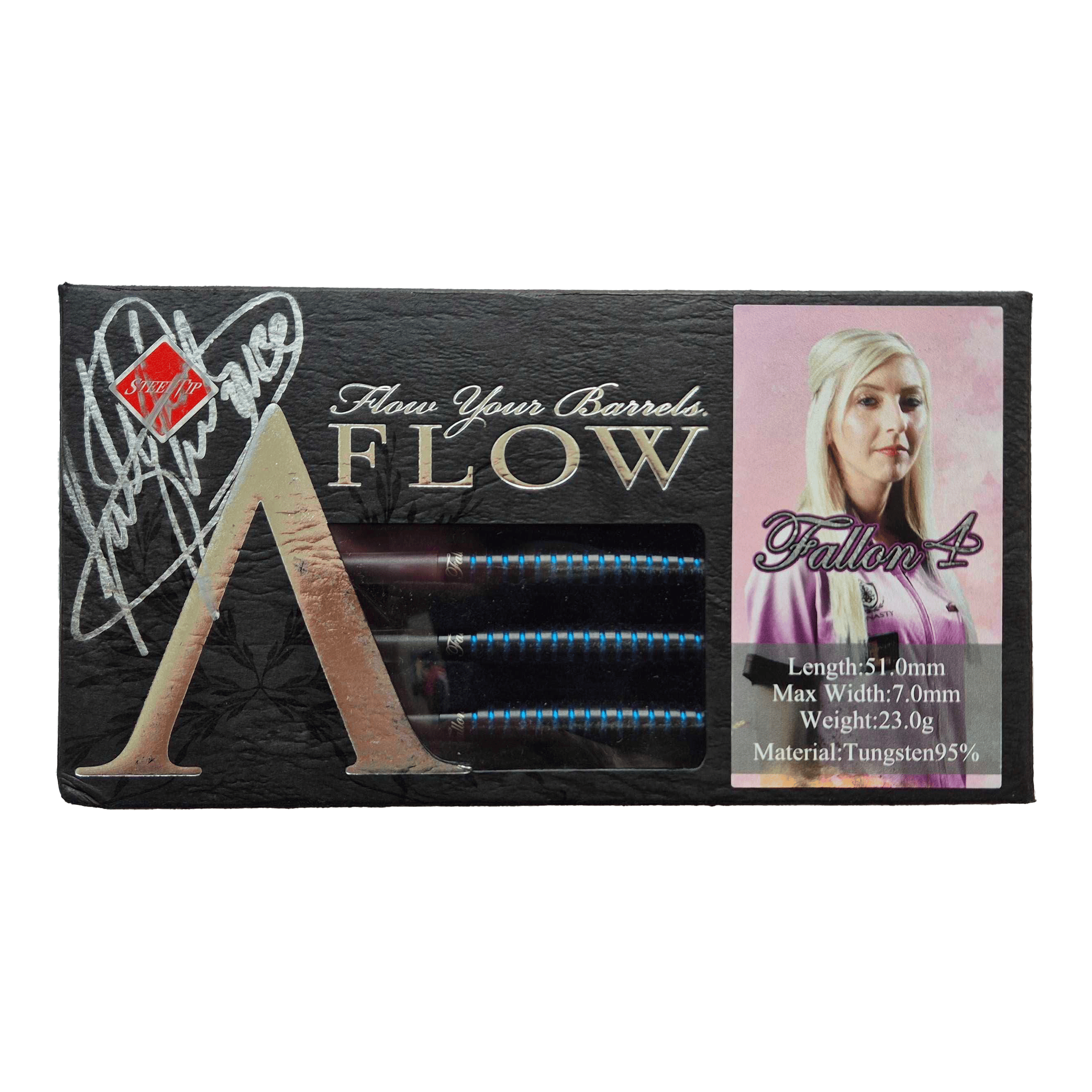 Dardos Dynasty Fallon Sherrock 4 AFlow BK de acero - Con autógrafo - 23 g Das Bild zeigt eine Packung Dynasty Fallon Sherrock 4 AFlow BK Steeldarts mit einer Unterschrift. Auf der Verpackung ist auch ein Foto von Fallon Sherrock sowie die technischen Daten der Darts abgebildet.