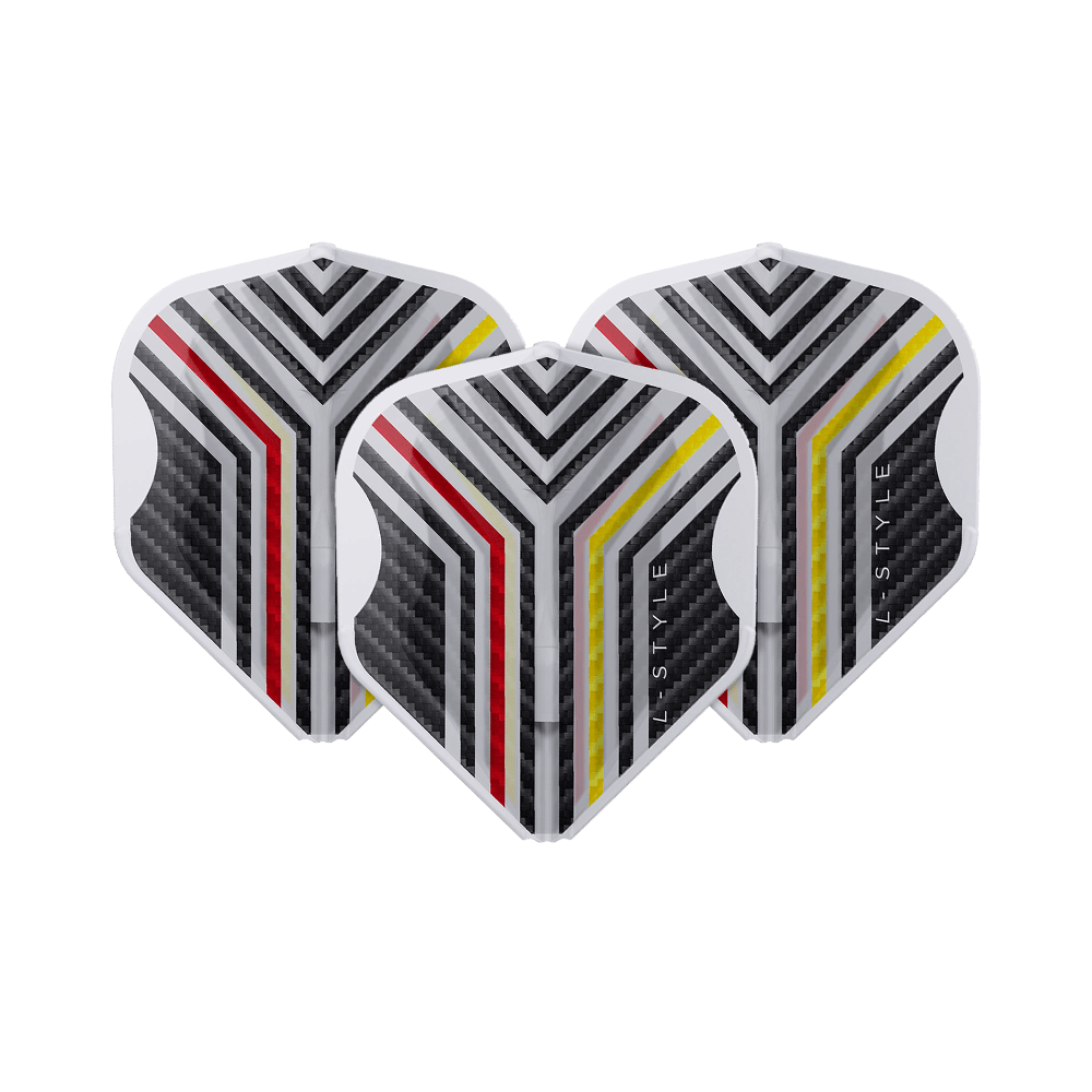 Das Bild zeigt ein Set L-Style Arno Merk V1 Clear White L1EZ Flights ordentlich ausgelegt. Die Struktur der Flights ist hervortritt.