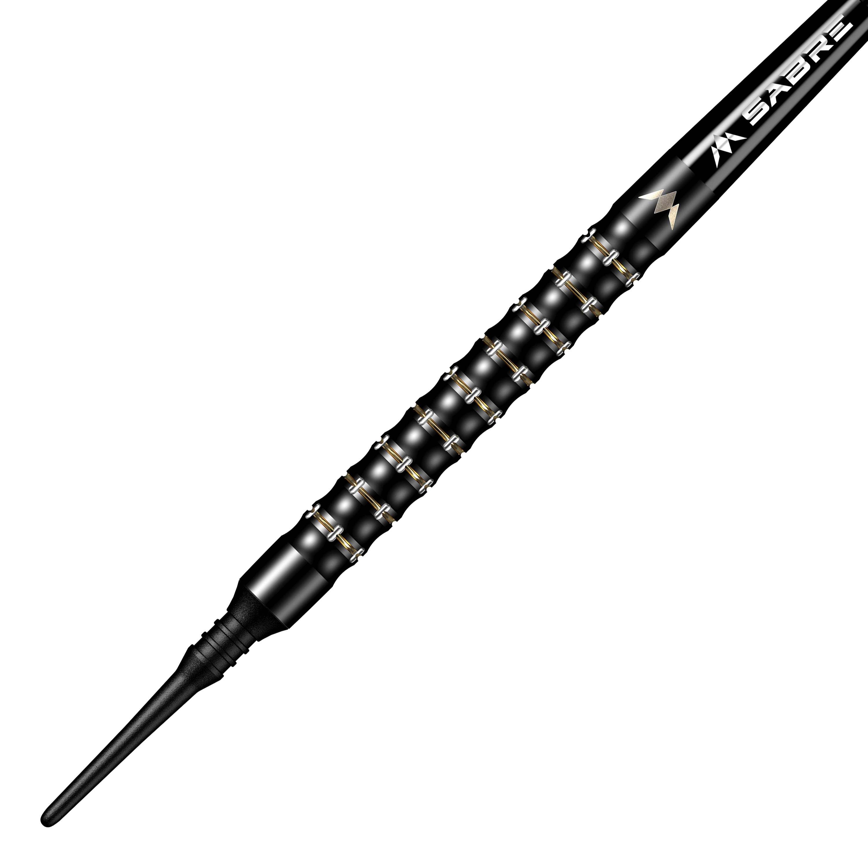 Das Bild zeigt einen Mission Mike De Decker MDD Black Gold Softdart mit einem Gewicht von 20g. Der Dart ist schwarz-gold und hat eine strukturierte Griffzone für besseren Halt.