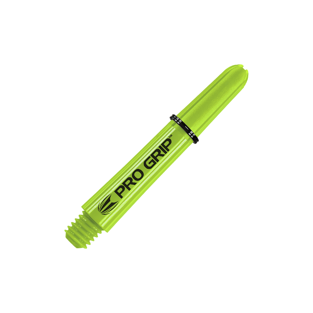 Target Pro Grip Shafts - 3 sady - Lime Green Das Bild zeigt einen limegrünen Dartshaft mit der Aufschrift "PRO GRIP". Der Schaft hat ein Schraubgewinde an einem Ende und ist 34 mm lang.