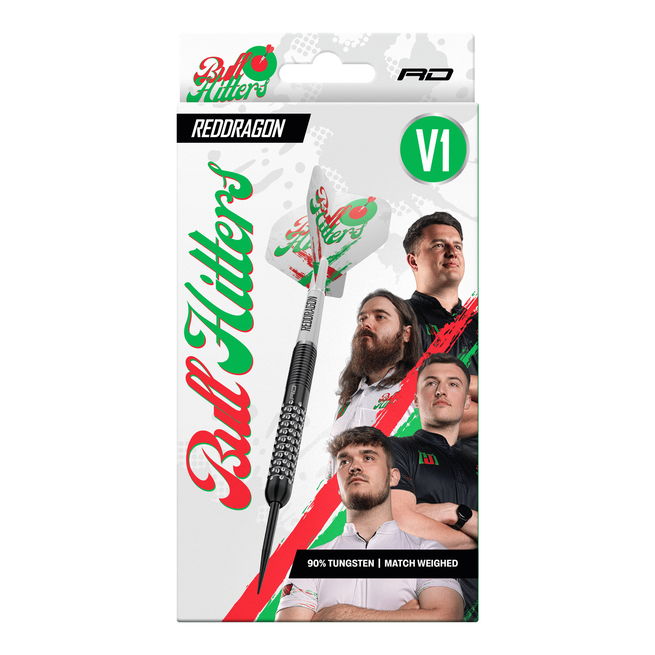 Das Bild zeigt die Red Dragon Bullhitters V1 Steeldarts mit einem Gewicht von 23g. Diese Darts sind für das Steeldart-Spiel geeignet.