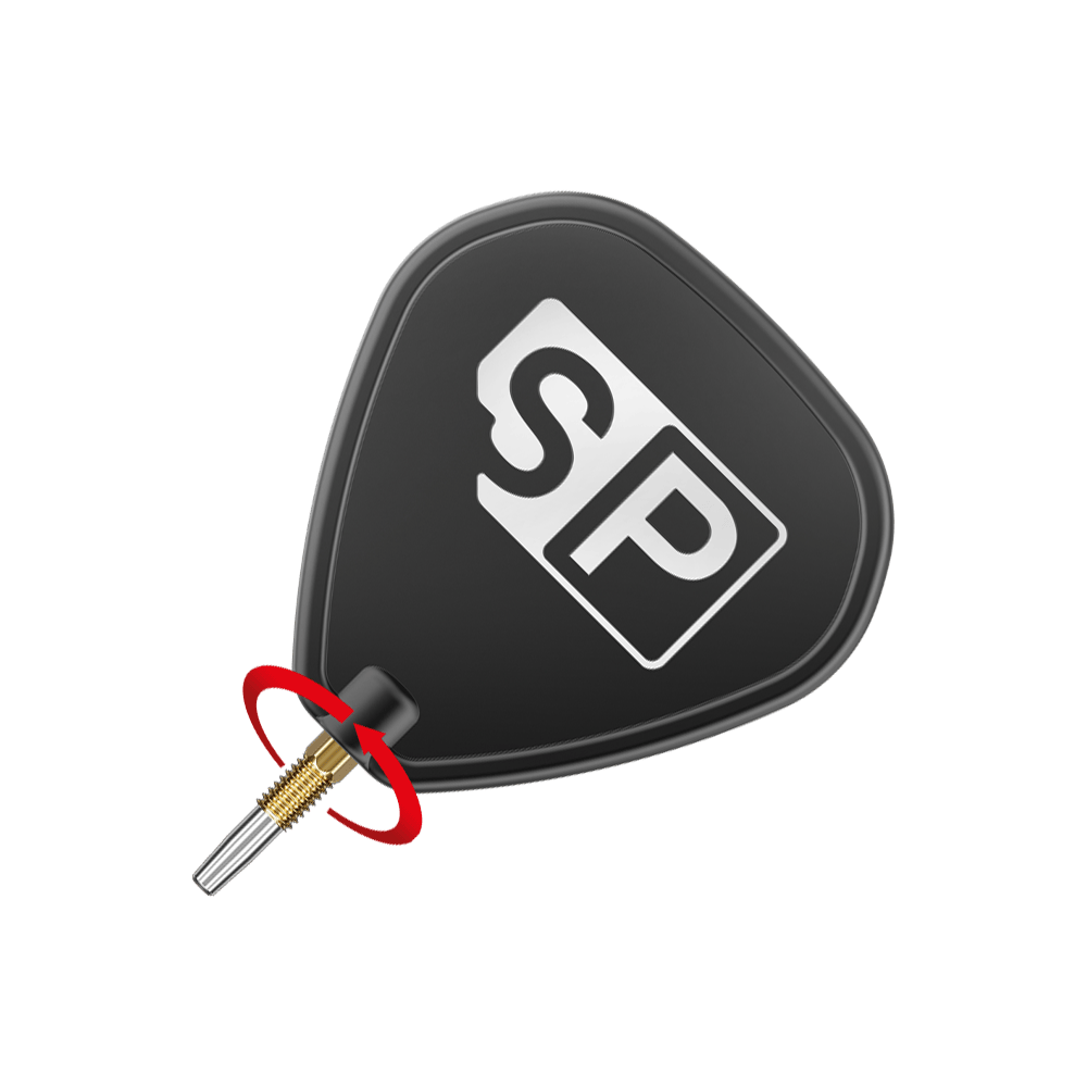 Target Swiss Point Chrono Dartspitzen - Gold Das Bild zeigt eine schwarze Dartspitze mit den weißen Buchstaben "SP" darauf. Ein roter Pfeil deutet auf eine Drehbewegung an der goldenen Schraubverbindung hin.