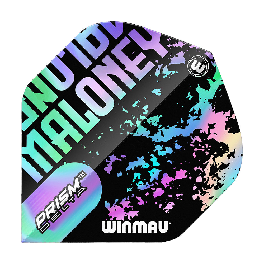 Vuelos estándar de Winmau Prism Delta Mike Maloney Das Bild zeigt ein Winmau Prism Delta Mike Maloney Standard Flight für Darts. Das Flight hat ein auffälliges, buntes Design mit dem Namen "Maloney" und dem Winmau-Logo.