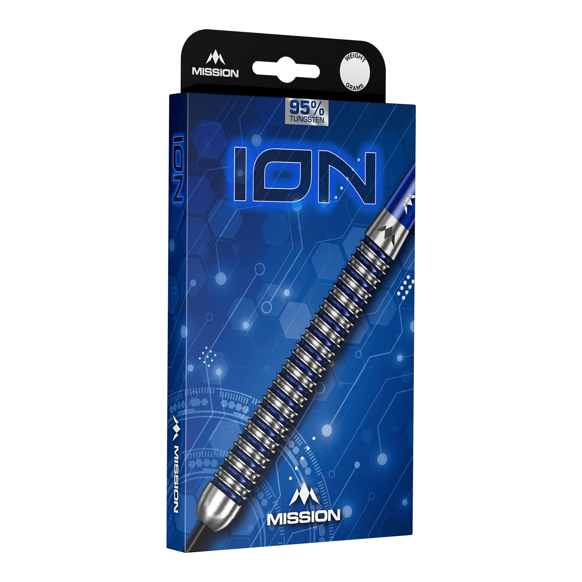 Mission ION Blue Silver steel darts Mission ION Blue Silver Steeldarts sind auf diesem Bild zu sehen. Das Produkt zeichnet sich durch seine blaue und silberne Farbgebung aus.