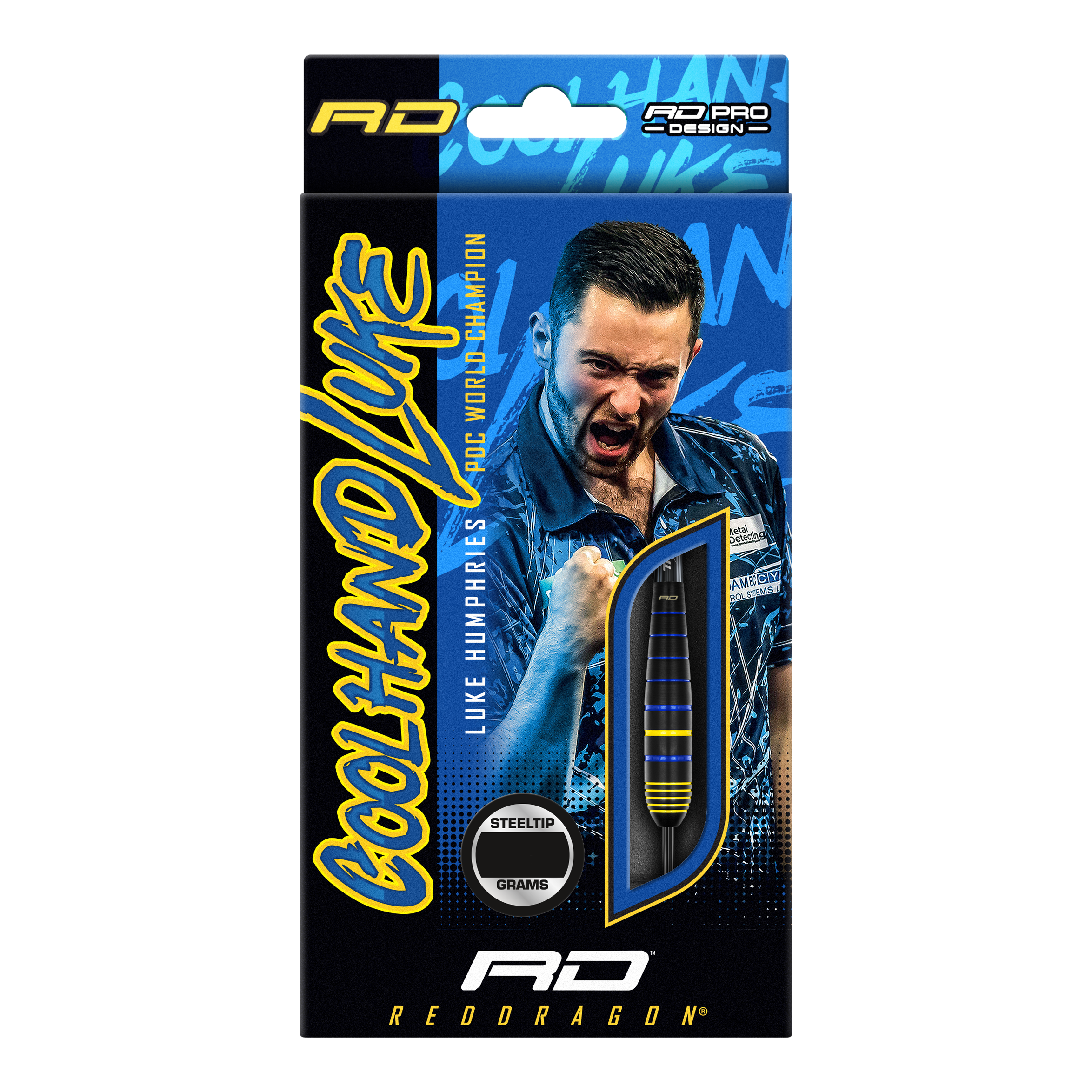 Šipky Red Dragon Luke Humphries World Champion Brass Steel Auf der Verpackung sind die "Red Dragon Luke Humphries World Champion Brass Steeldarts" abgebildet. Im Hintergrund ist ein jubelnder Spieler zu sehen, daneben ist ein Dartpfeil durch ein Sichtfenster sichtbar.