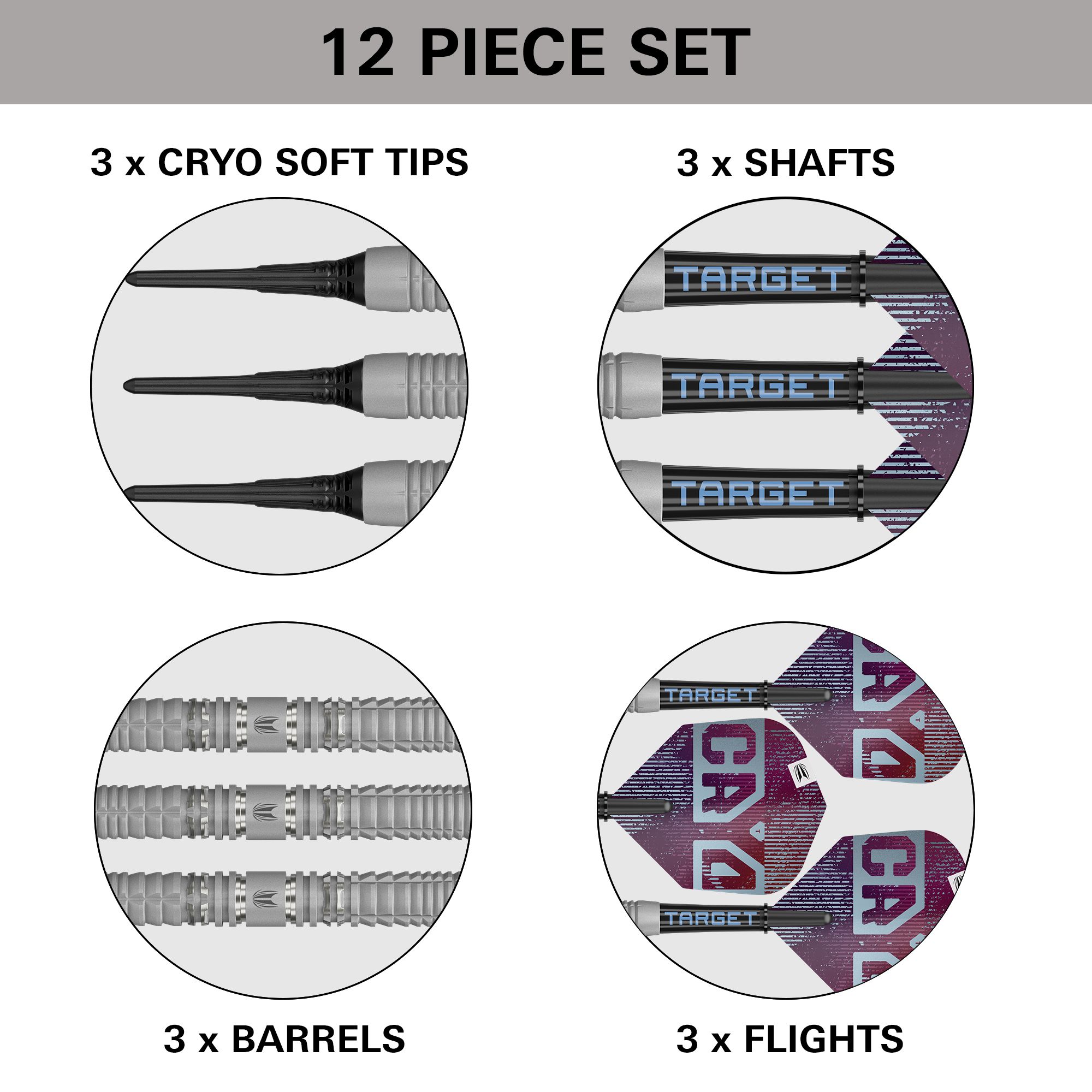 Dieses Bild stellt die Target Cryo 12 Softdarts dar. Diese Softdarts bieten optimale Kontrolle für ambitionierte Spieler.