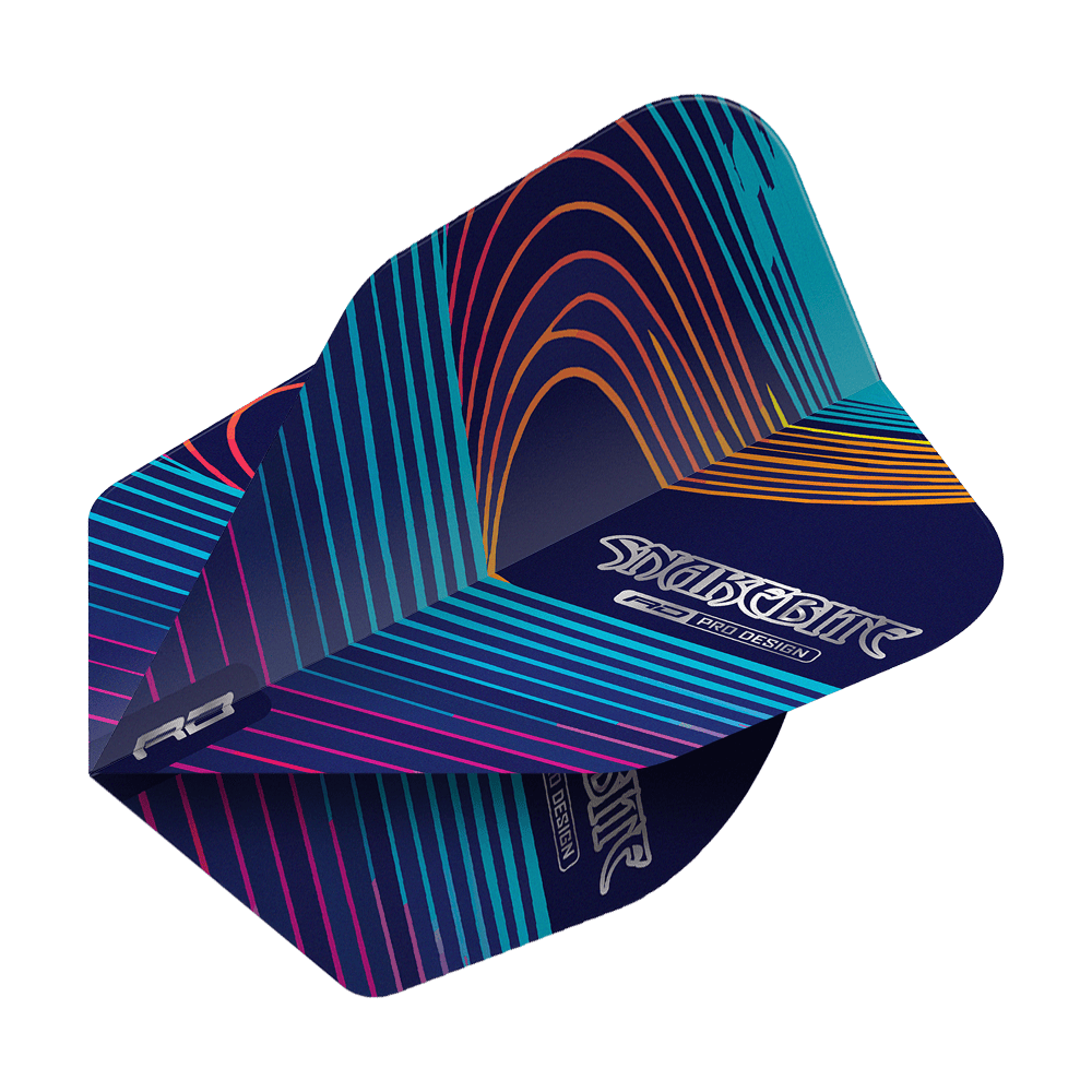 Letky Red Dragon Peter Wright Snakebite Multi No6 Das Bild zeigt ein Dart-Flight mit dem Namen "Red Dragon Peter Wright Snakebite Multi No6 Flights". Das Flight hat ein auffälliges Design mit bunten Linien auf dunklem Hintergrund.