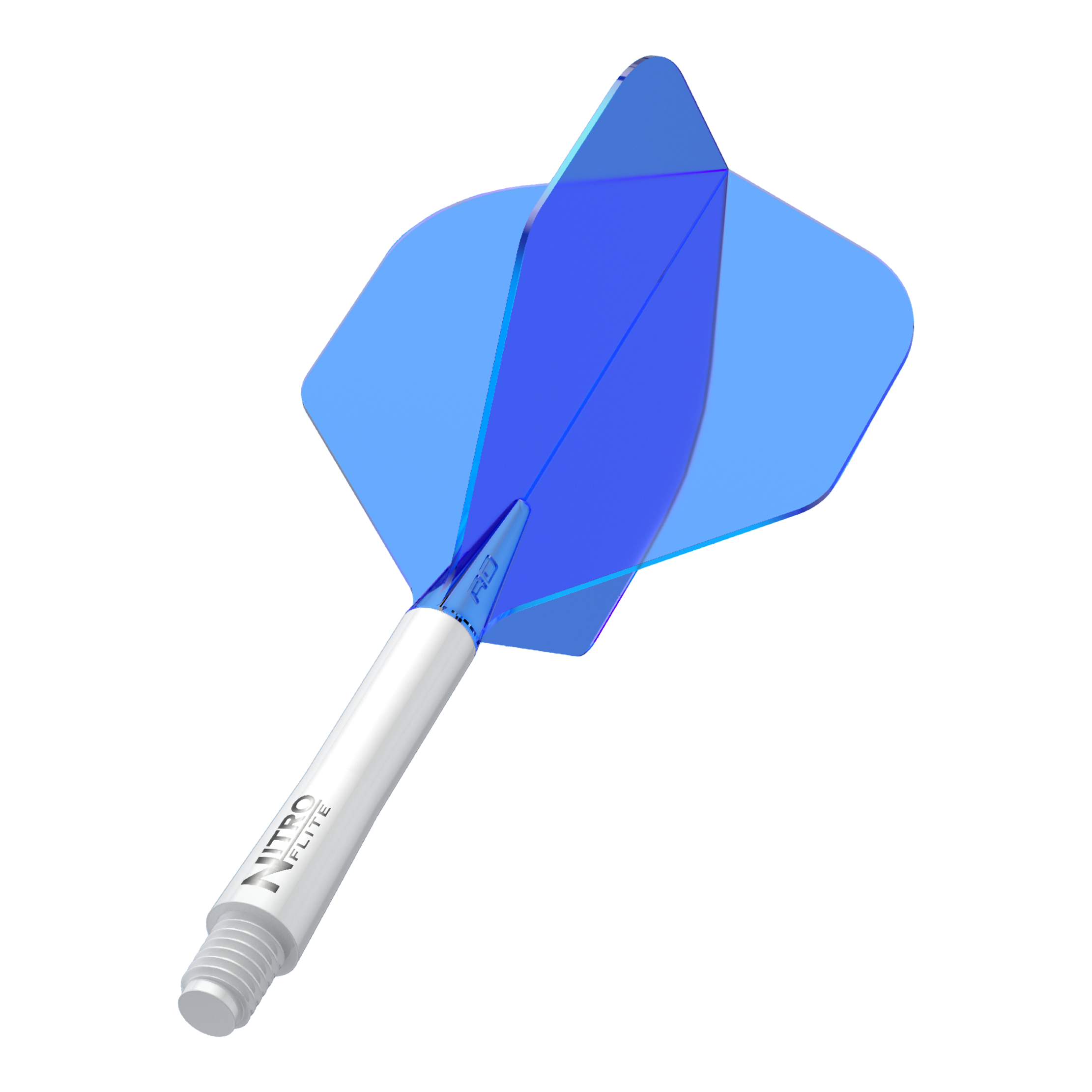 Auf dem Bild ist ein blauer Dart-Flügel mit weißem Schaft zu sehen. Auf dem Schaft steht der Schriftzug "NITRO FLITE".