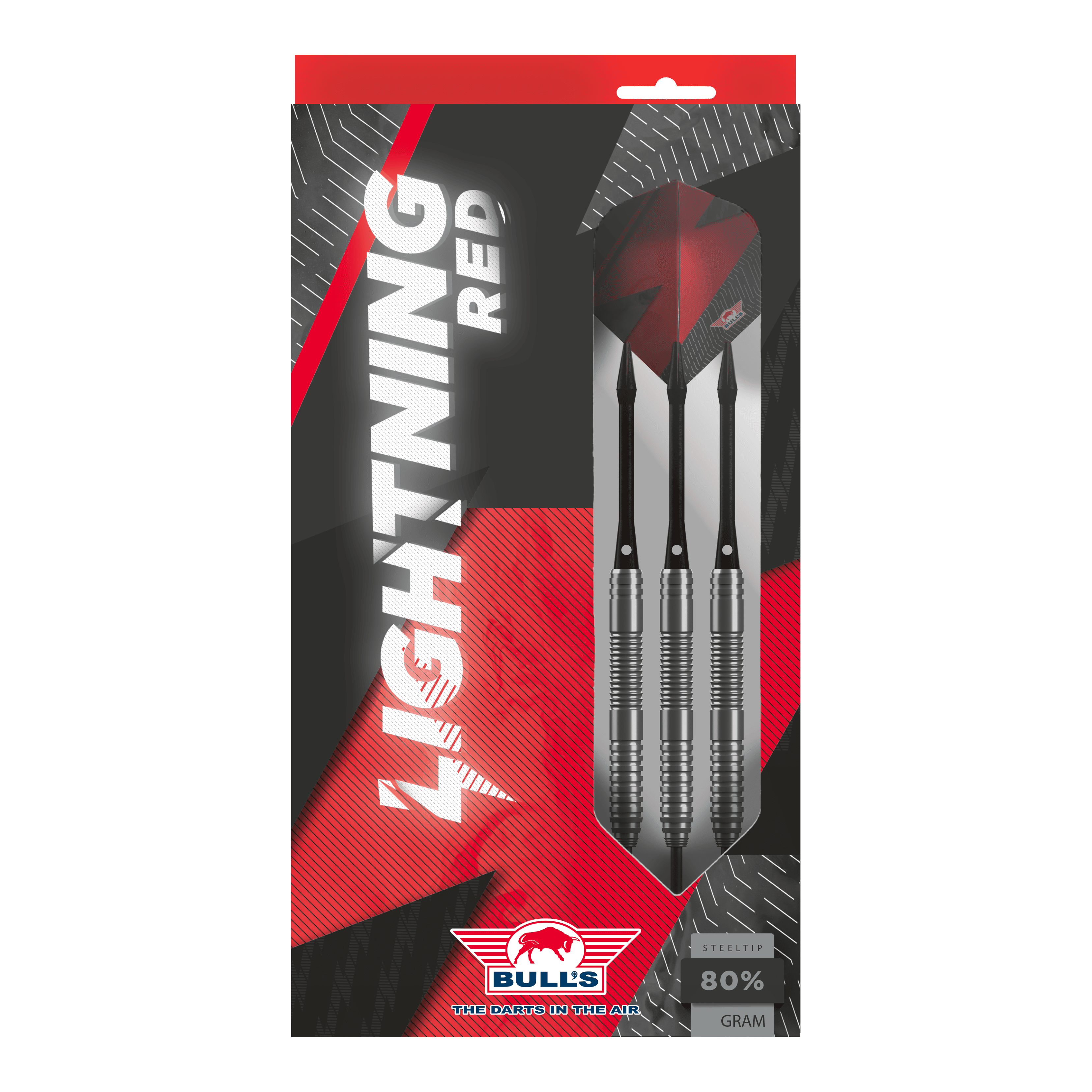 Bulls NL Lightning Red Steeldarts Das Bild zeigt die Verpackung der "Bulls NL Lightning Red Steeldarts". In der Packung sind drei silberne Steeldarts mit roten Flights zu sehen.