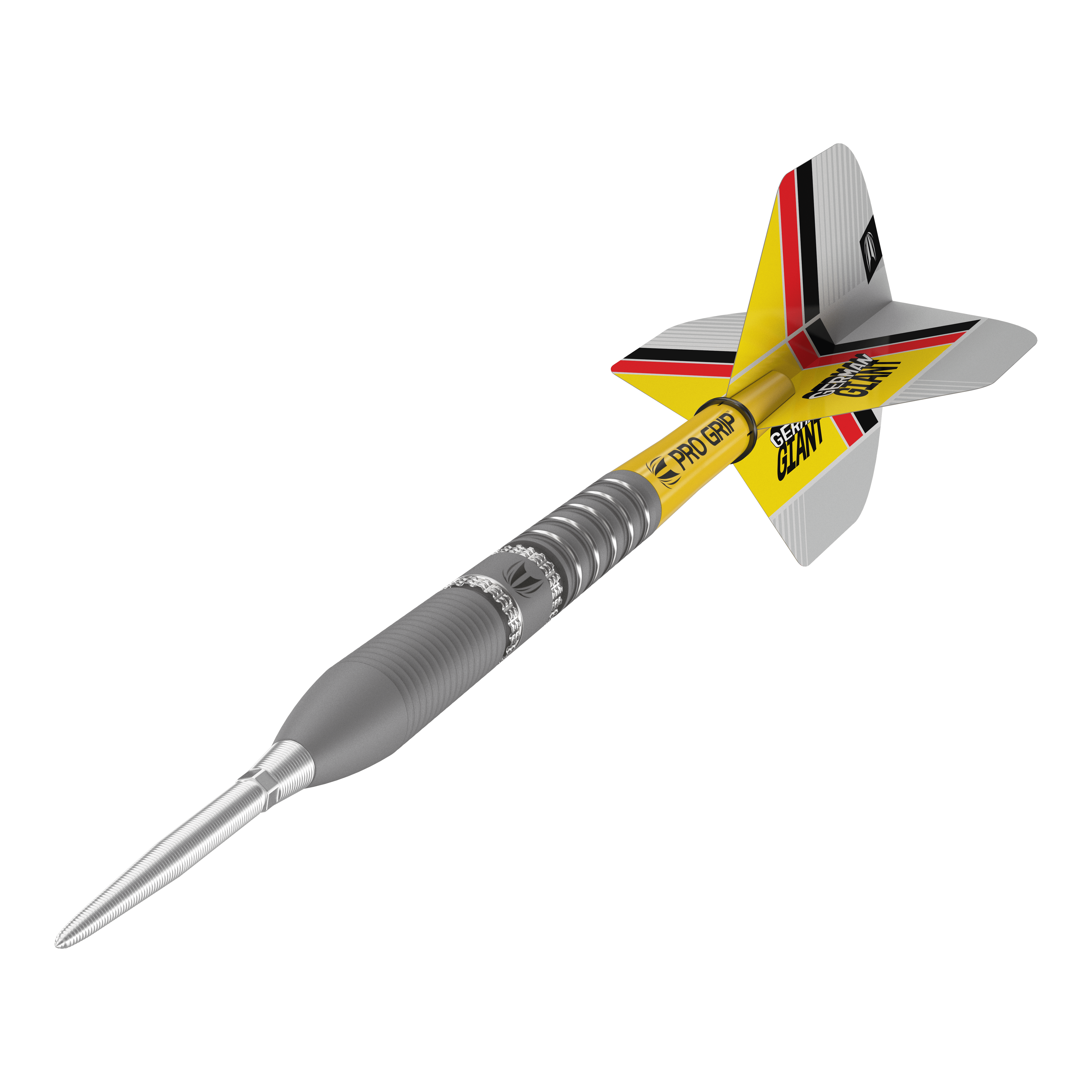 Target Gabriel Clemens GEN2 Swiss Point Steeldarts Das Bild zeigt einen modernen Steeldartpfeil mit silberner Spitze und einem gelb-schwarzen Schaft. Die Flights sind mit roten, schwarzen und gelben Streifen verziert und tragen die Aufschrift "GERMAN GIANT".
