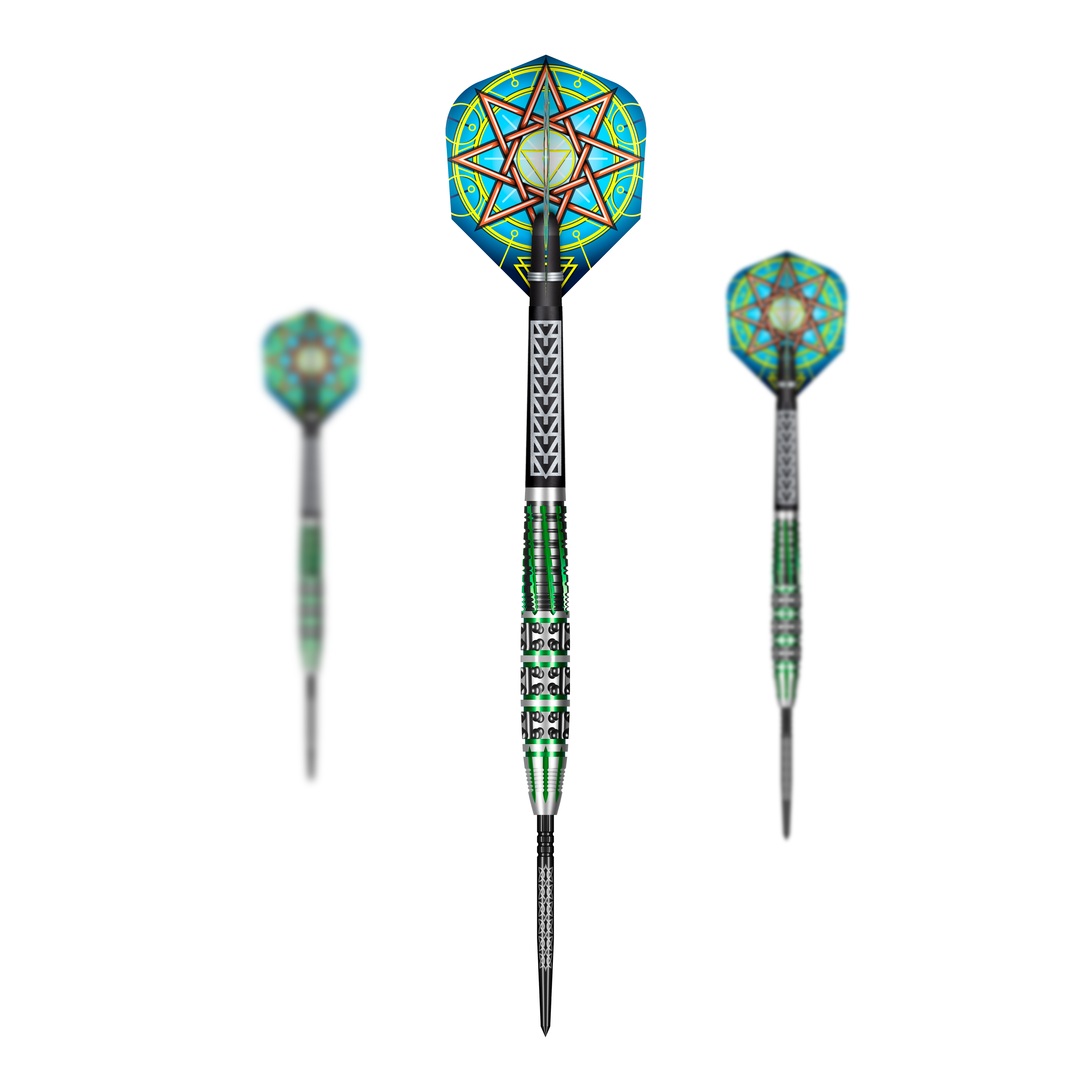Abgebildet ist ein Set Shot Celt Druid TurboPoints Steeldarts. Die Darts sind dekorativ platziert.