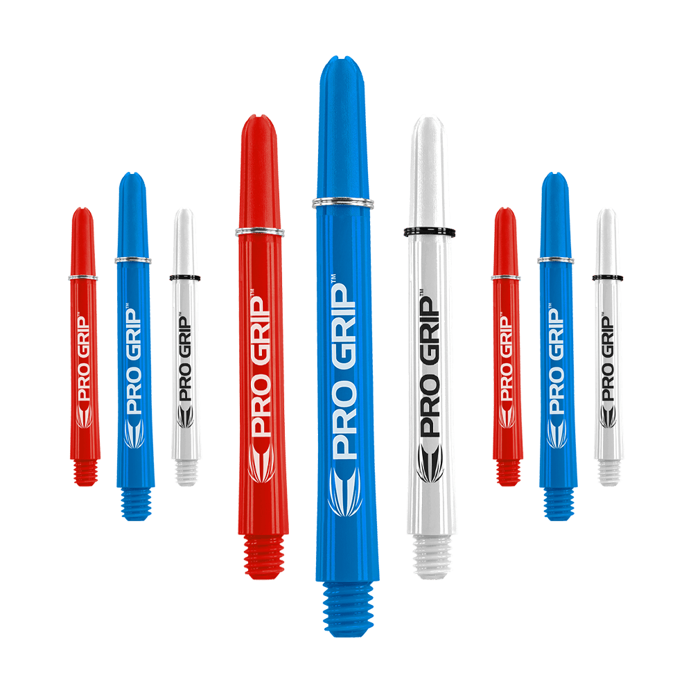 Target Pro Grip Shafts - 3 Sets - Red Blue White Das Bild zeigt neun Dart-Shafts in den Farben Blau, Rot und Weiß. Auf jedem Shaft steht der Schriftzug "PRO GRIP" mit einem kleinen Logo darunter.