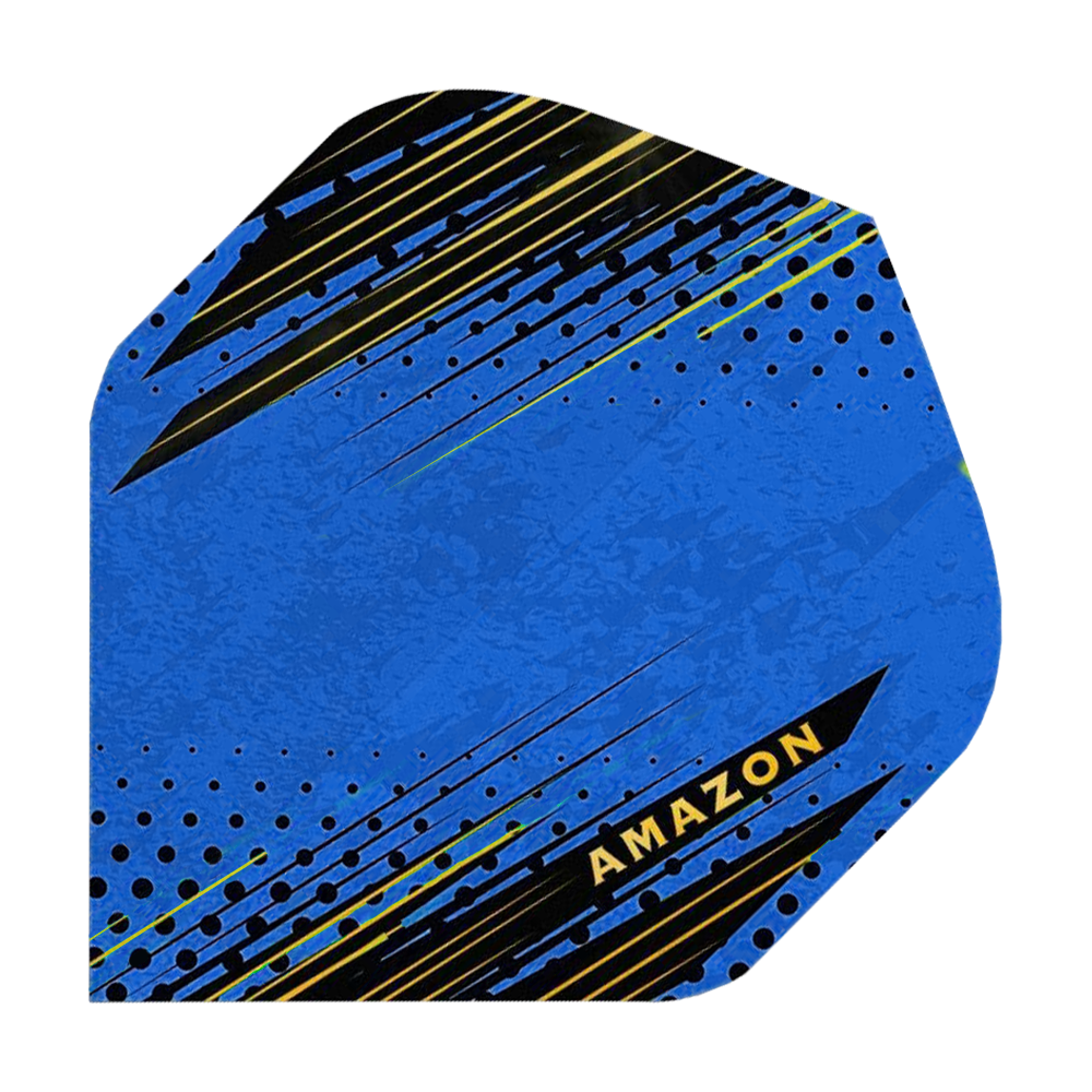 A38_Amazon_ORO_Standard_Flights_Blau_1 Das Bild zeigt ein blaues Dart-Flügelblatt mit schwarzen und gelben grafischen Akzenten. Auf dem Flügel steht das Wort "AMAZON" in gelber Schrift.