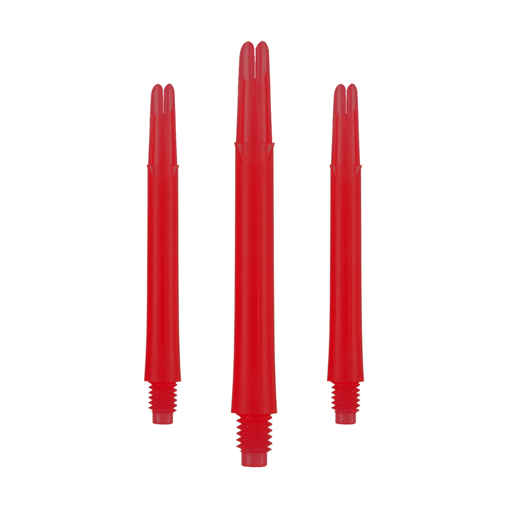 Auf dem Bild sind drei rote, gerade Dartschäfte ohne Kappen zu sehen. Sie sind nebeneinander angeordnet, wobei der mittlere etwas länger erscheint als die beiden äußeren.