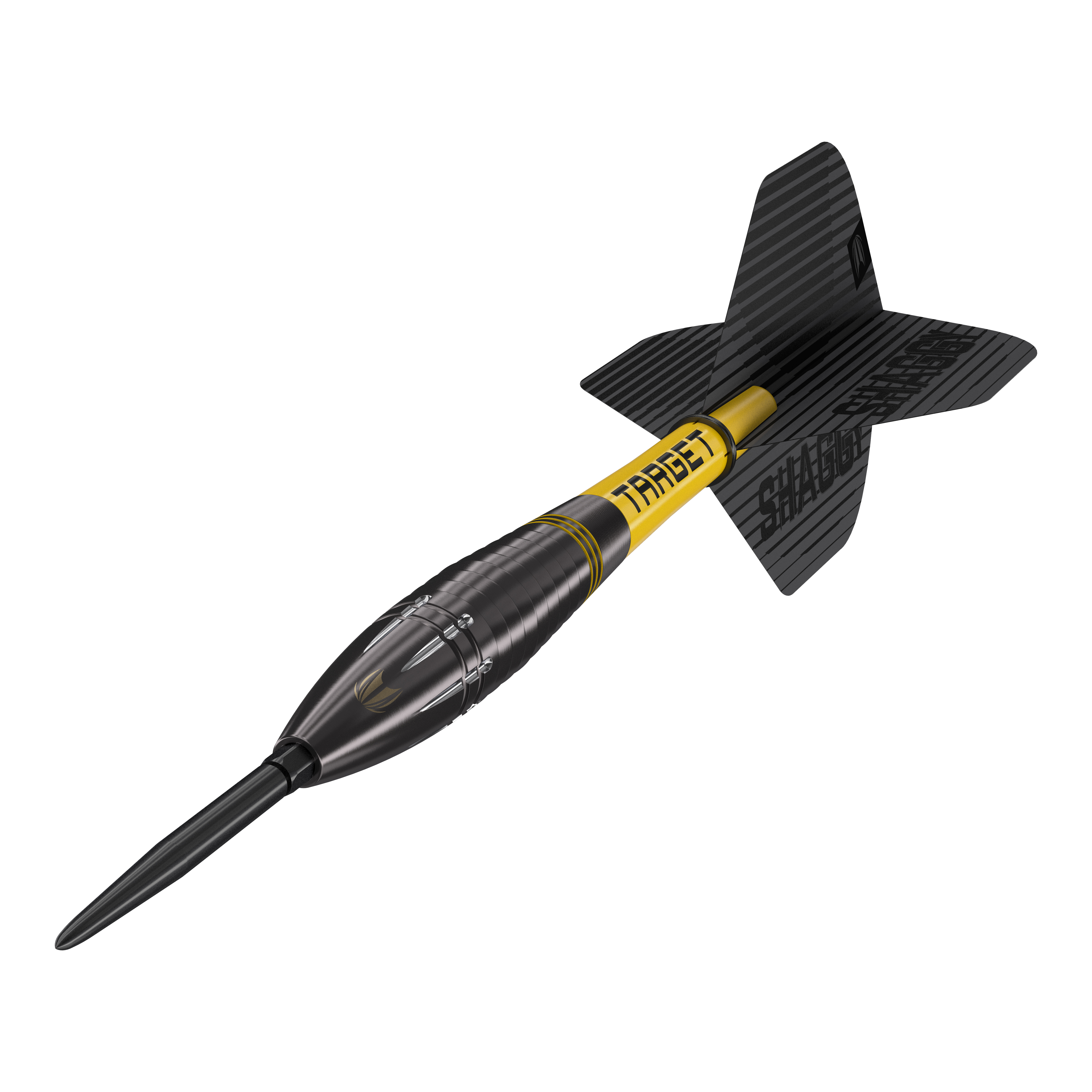 Dardos de acero Target Scott Williams Shaggy Black Swiss Point Das Bild zeigt den Target Scott Williams Shaggy Black Swiss Point Steeldart. Der Dart hat ein schwarzes Design mit gelben Akzenten und einer schwarzen Flights.