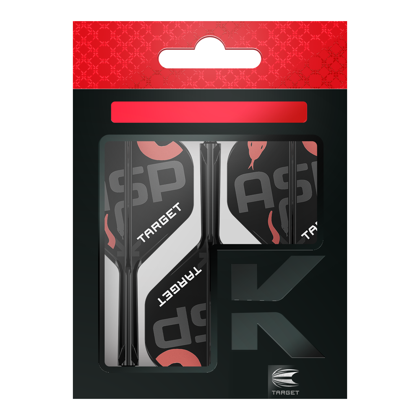 Sistema di alberi di volo standard Target K-Flex Nathan Aspinall No2 Auf dem Bild ist eine Verpackung mit Dart-Flights und Schäften der Marke Target zu sehen. Die Verpackung ist überwiegend schwarz mit roten und weißen Akzenten gestaltet.