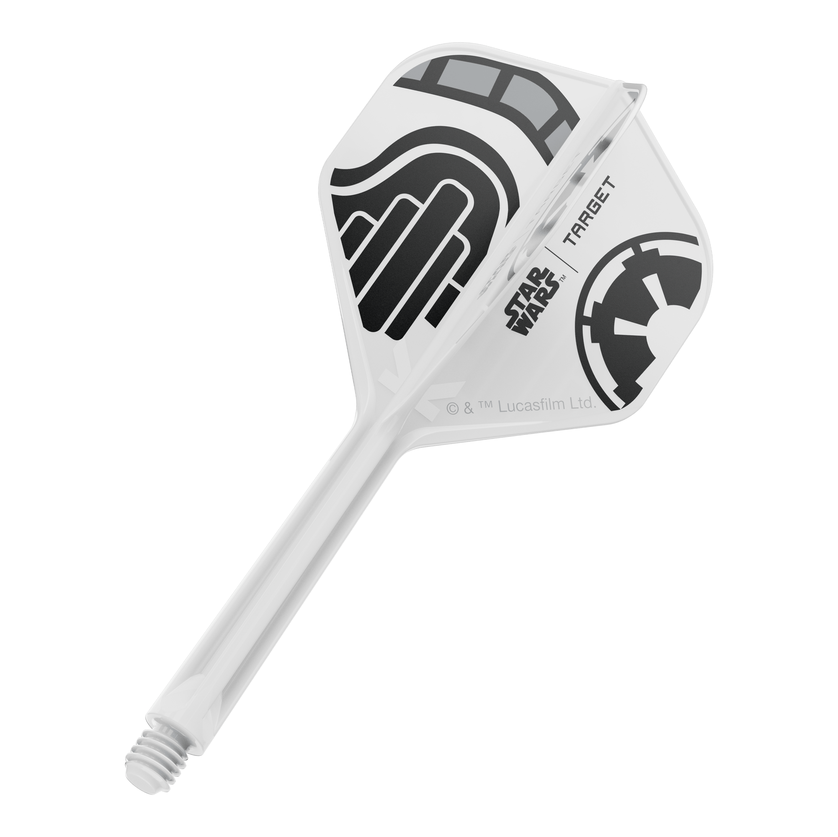 Target Star Wars K-Flex Stormtrooper No2 Standard Flights Zu sehen ist ein Dart-Flight aus der Star Wars KFlex Stormtrooper No2 Standard Serie. Der Flight ist medium-lang und misst 33 mm.