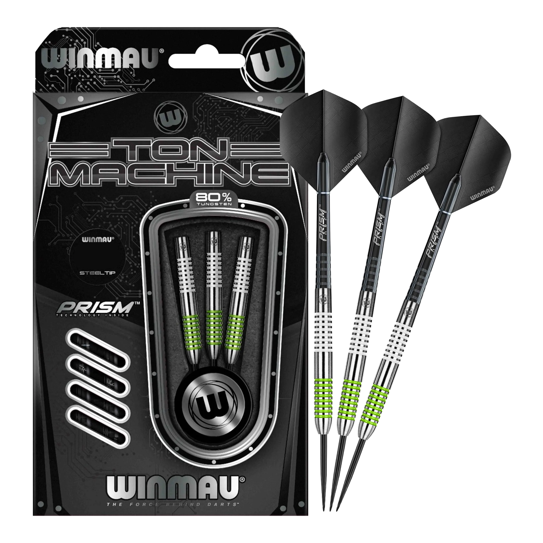 Winmau Ton Machine Steeldarts Das Bild zeigt das Set der Winmau Ton Machine Steeldarts in voller Ansicht. Diese Steeldarts sind ideal für Dartliebhaber.