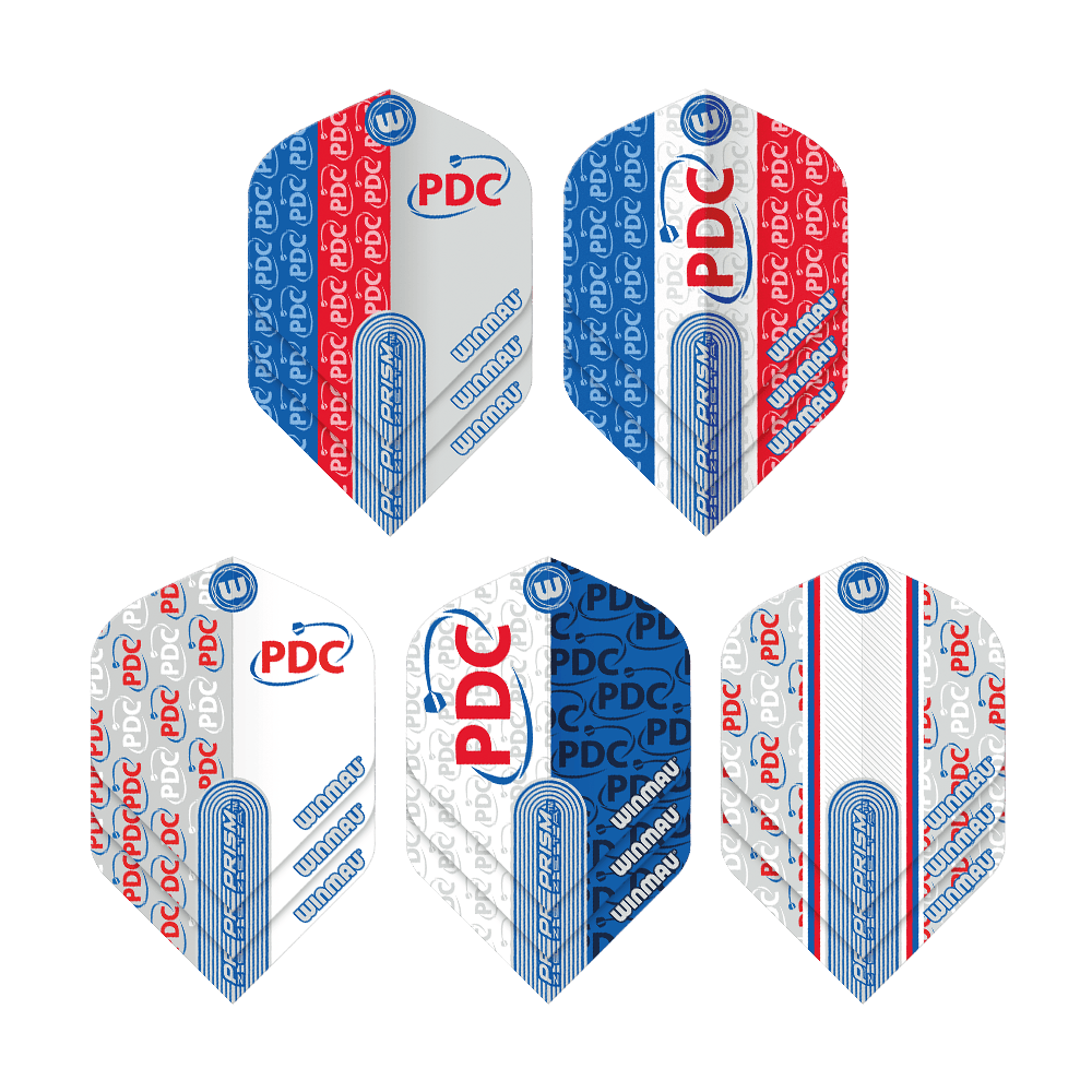 Kolekce Winmau PDC Prism Flight Das Bild zeigt die "Winmau PDC Prism Flight Collection" mit fünf unterschiedlichen Dart-Flights. Die Flights sind in den Farben Blau, Rot und Weiß gehalten und mit den Logos "PDC" und "Winmau" bedruckt.