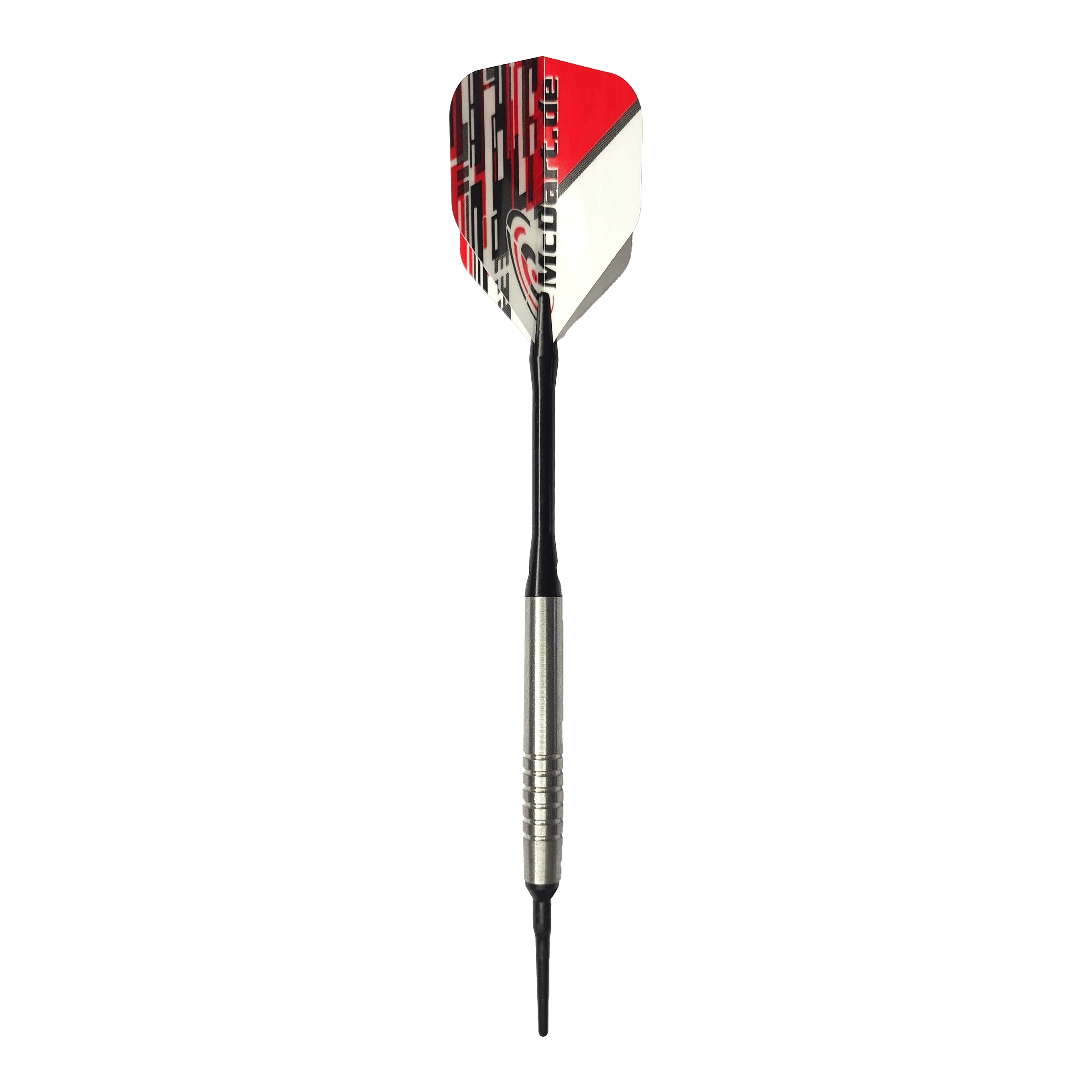 McDart 85er Tungsten V14 Softdarts - 17g Das Bild zeigt einen McDart 85er Tungsten V14 Softdart mit einem Gewicht von 17 Gramm. Der Dart hat eine silberne Spitze, einen schwarzen Schaft und eine rot-weiße Flights.