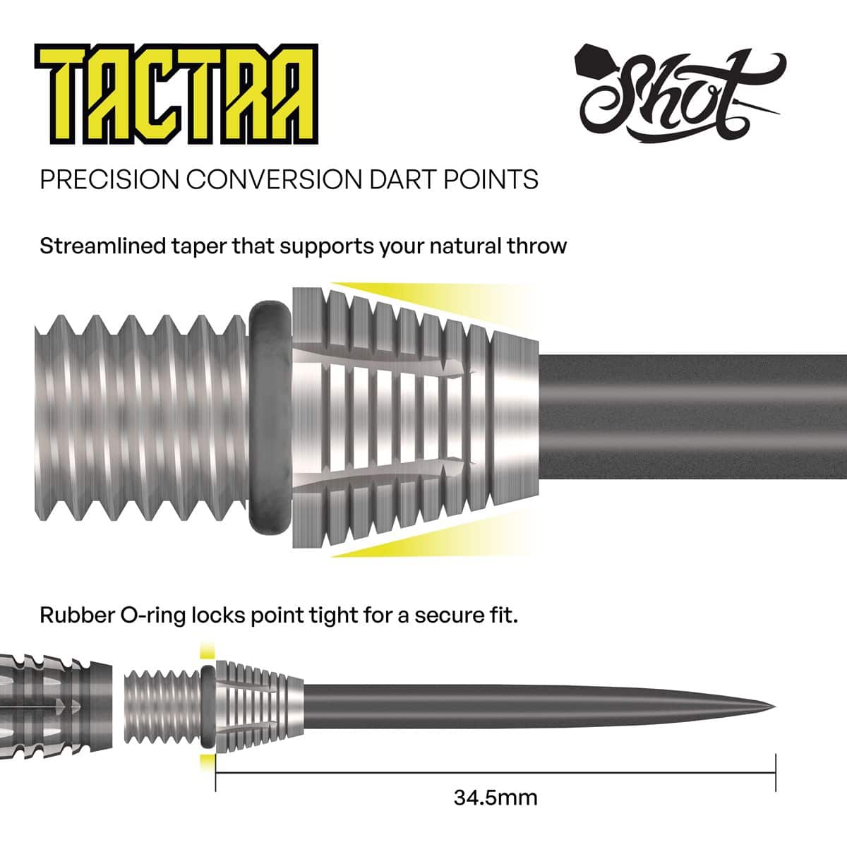 Das Bild zeigt die Shot Tactra Conversion Points - 34 mm. Es handelt sich um spezielle Dartspitzen zum Umrüsten von Softdarts auf Steeldarts.